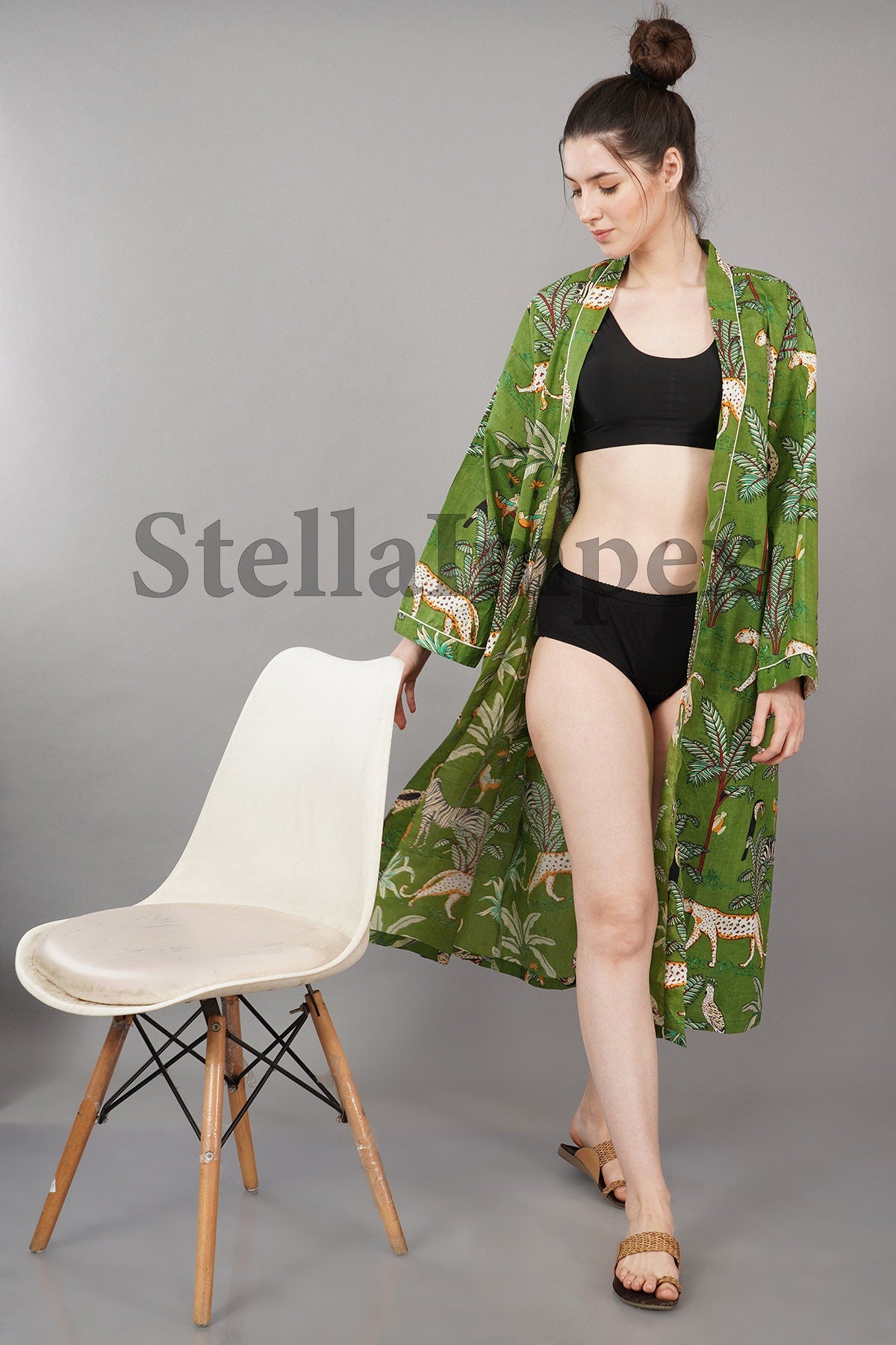 Trendy Cotton Kimono Elegant Green Jungle Print Bathrobe Resort Wear Beach Bikini Cover-ups Boho Kimono Bathrobe, Gift for Her