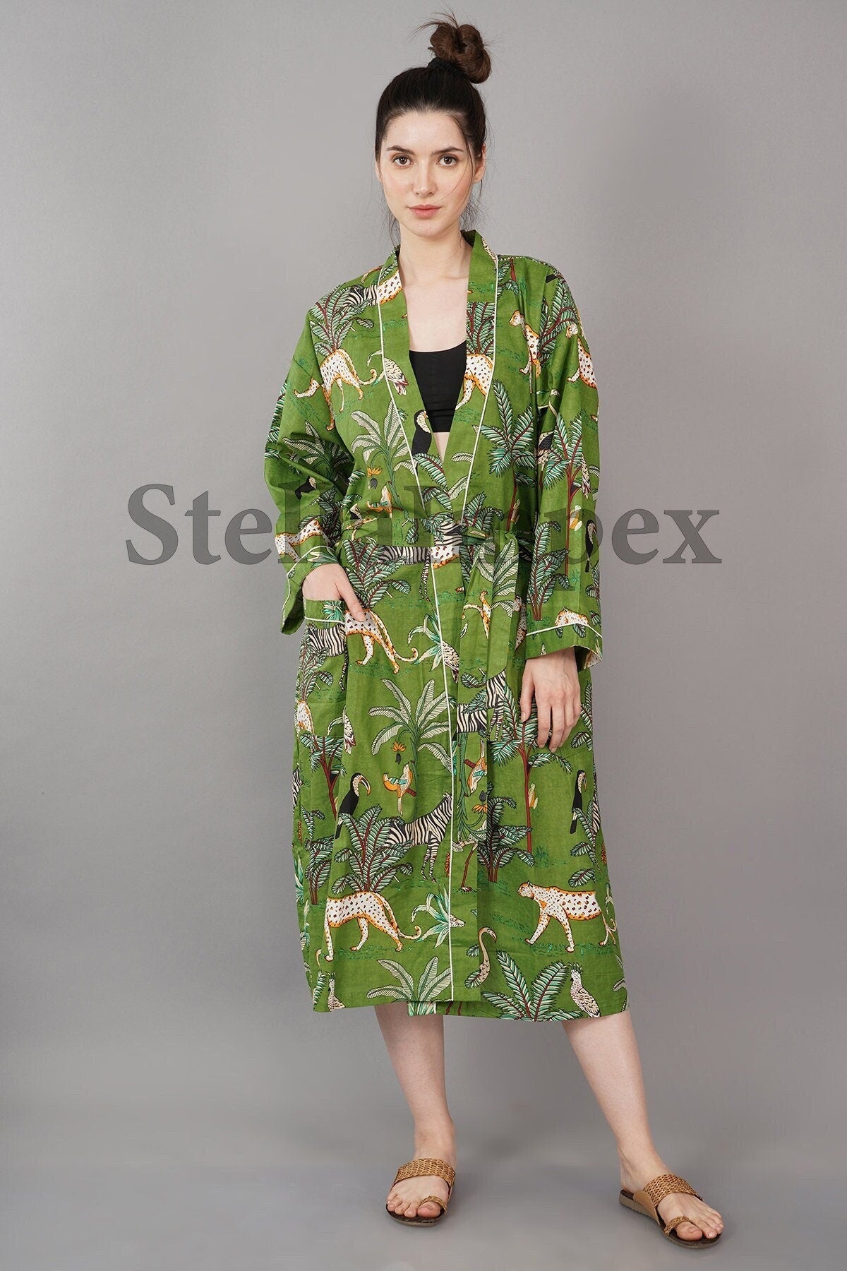 Trendy Cotton Kimono Elegant Green Jungle Print Bathrobe Resort Wear Beach Bikini Cover-ups Boho Kimono Bathrobe, Gift for Her