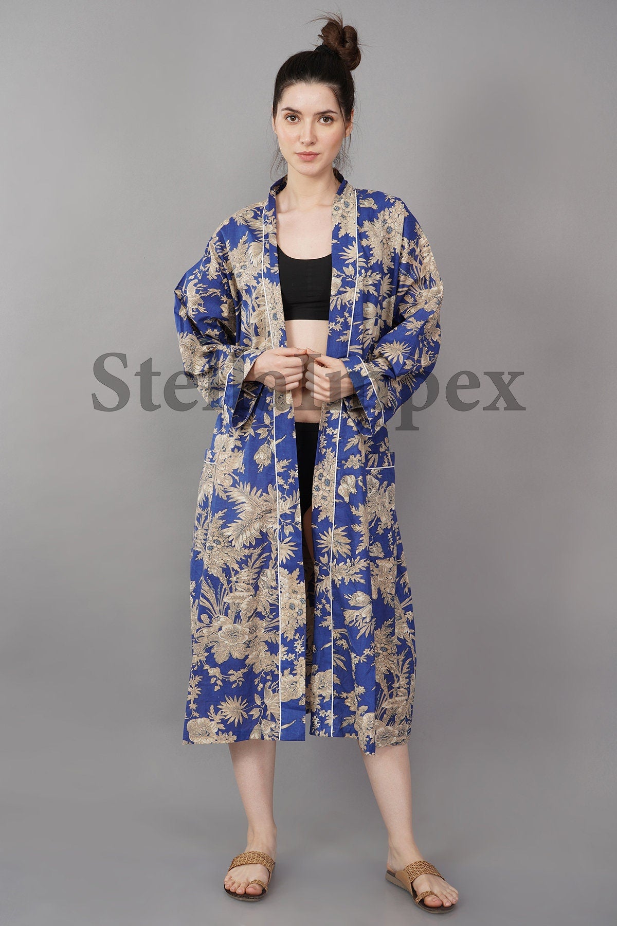 Trendy Cotton Kimono Elegant Blue Floral Bathrobe Resort Wear Beach Bikini Cover-ups Boho Kimono Bathrobe, Gift for Her