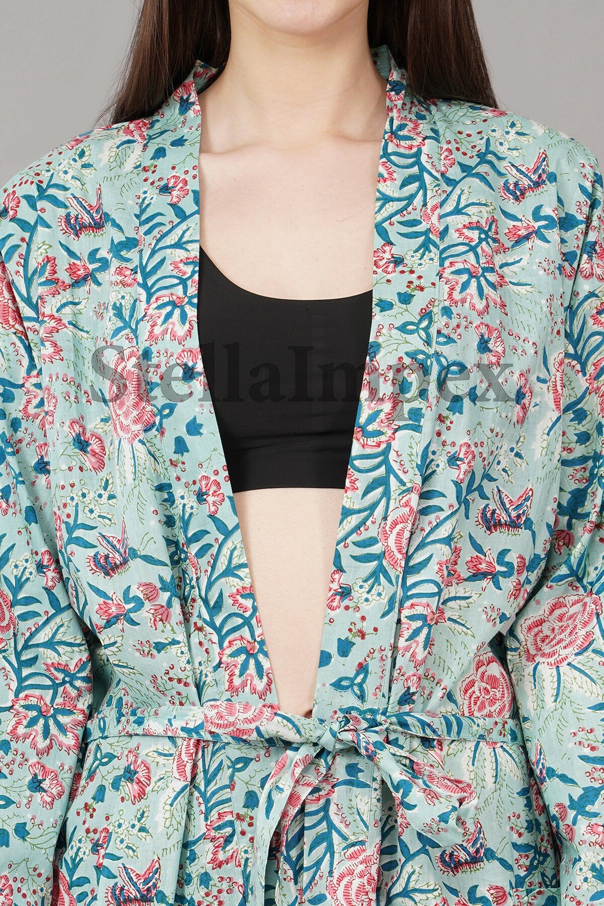 Trendy Cotton Kimono Elegant Blue & Pink Floral Bathrobe Resort Wear Beach Bikini Cover-ups Boho Kimono Bathrobe, Gift for Her