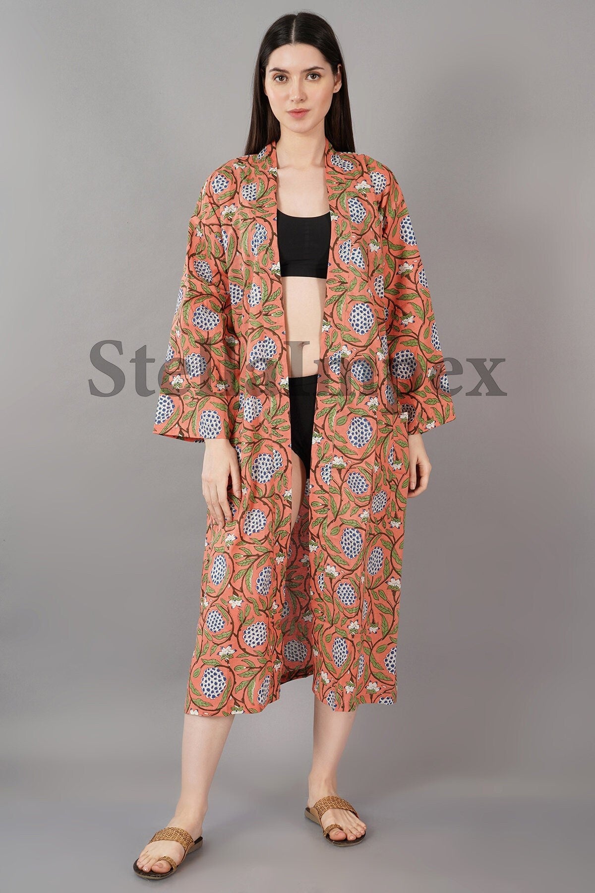 Peach & Blue Hand Block Print Elegant Cotton Kimono Bathrobe Resort Wear Beach Bikini Cover-ups Boho Kimono Bathrobe, Gift for Her