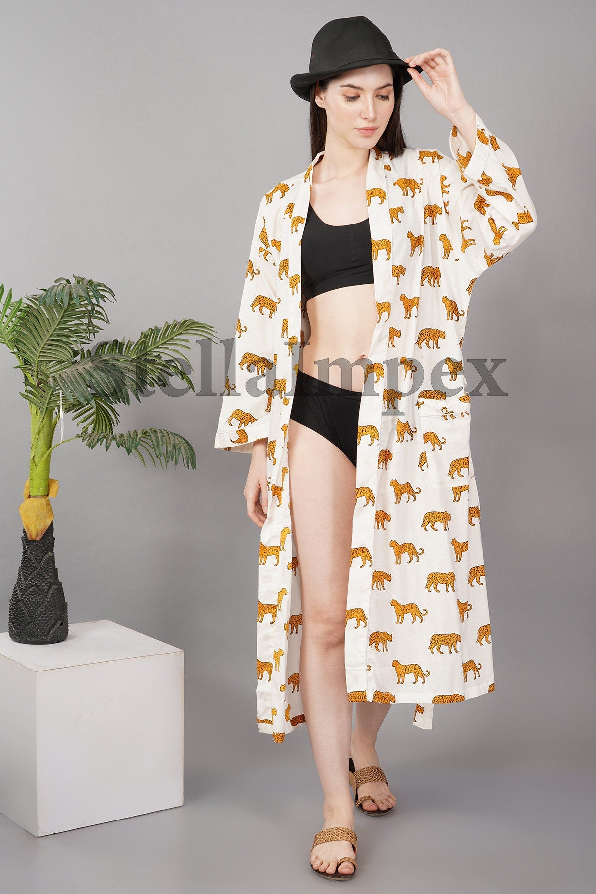 Trendy White & Gold Cheetah Print Elegant Cotton Kimono Bathrobe Resort Wear Beach Bikini Cover-ups Boho Kimono Bathrobe, Gift for Her