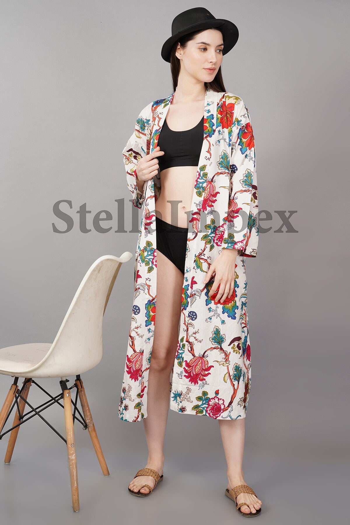 Trendy Cotton Kimono Elegant White Floral Bathrobe Resort Wear Beach Bikini Cover-ups Boho Kimono Bathrobe, Gift for Her