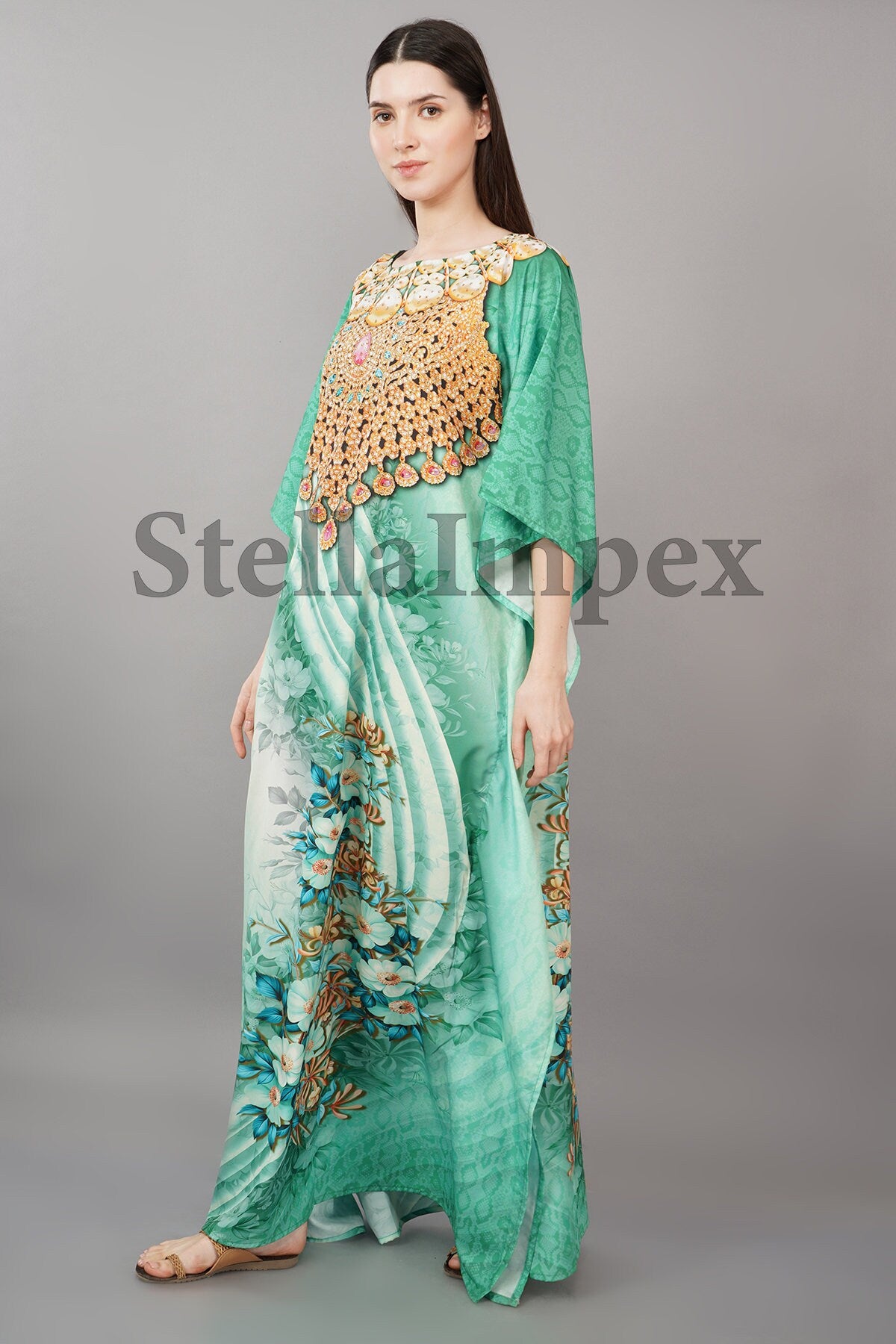 Trendy Polyester Silk Kaftan Elegant Green & Gold Long Caftan Resort Wear Beach Dress Boho Kaftan, Gift for Her