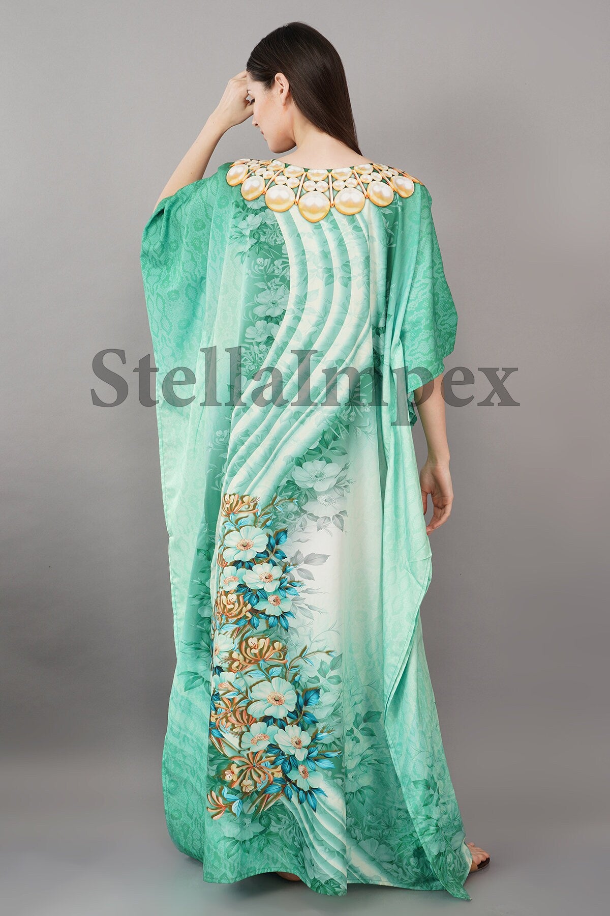 Trendy Polyester Silk Kaftan Elegant Green & Gold Long Caftan Resort Wear Beach Dress Boho Kaftan, Gift for Her
