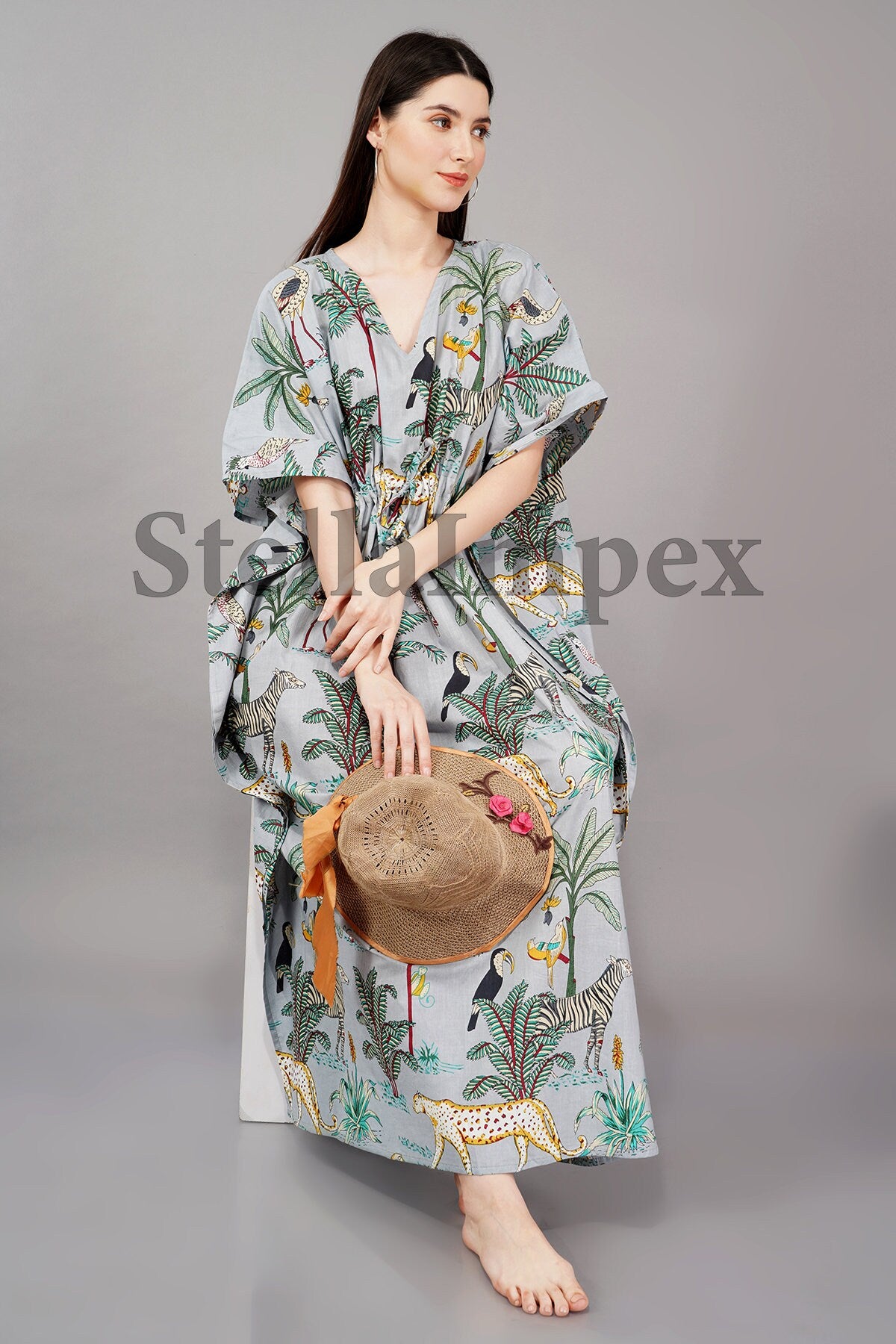 Trendy Polyester Silk Kaftan Elegant Grey Long Caftan Resort Wear Beach Dress Boho Kaftan, Gift for Her