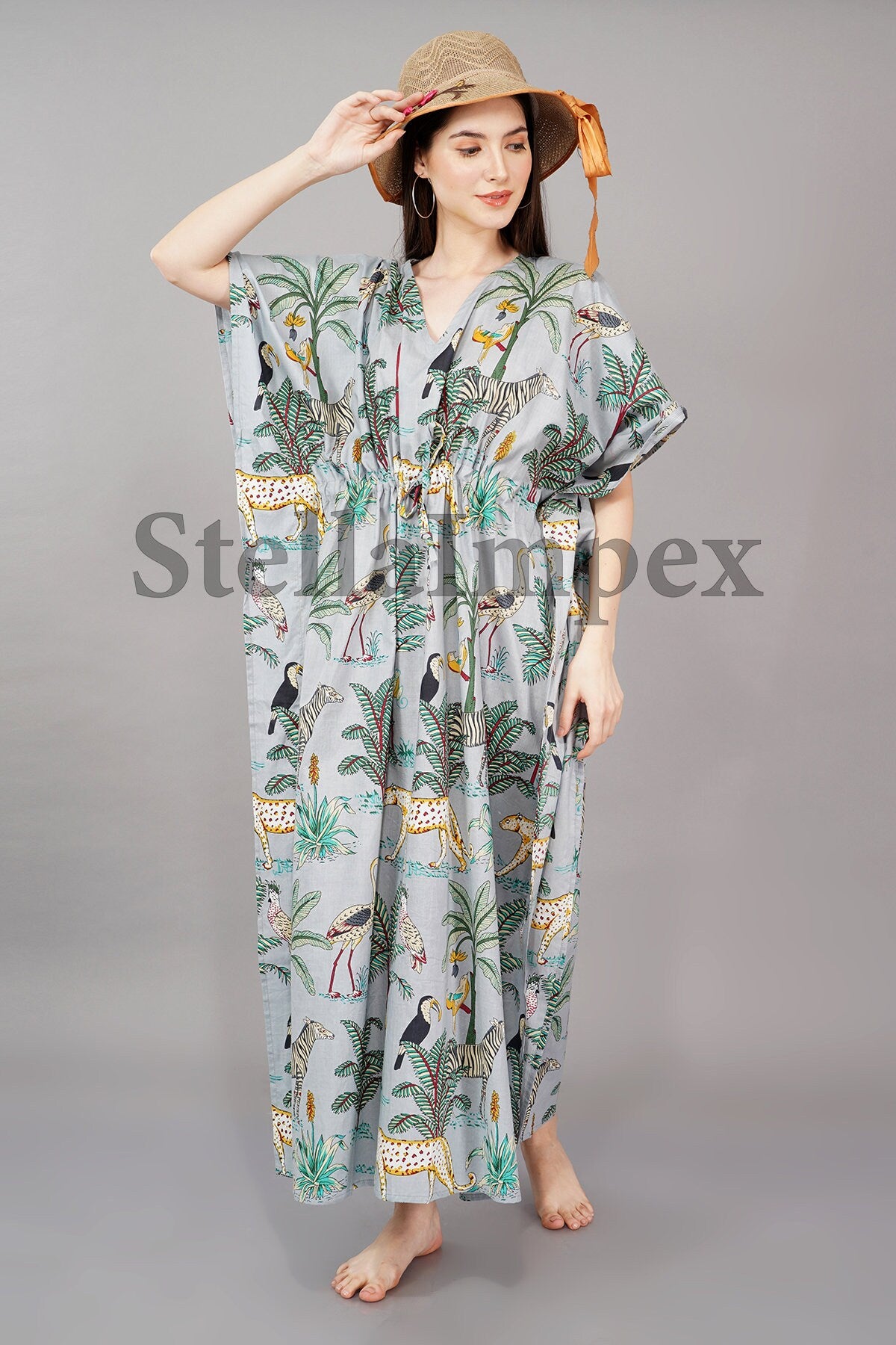 Trendy Polyester Silk Kaftan Elegant Grey Long Caftan Resort Wear Beach Dress Boho Kaftan, Gift for Her