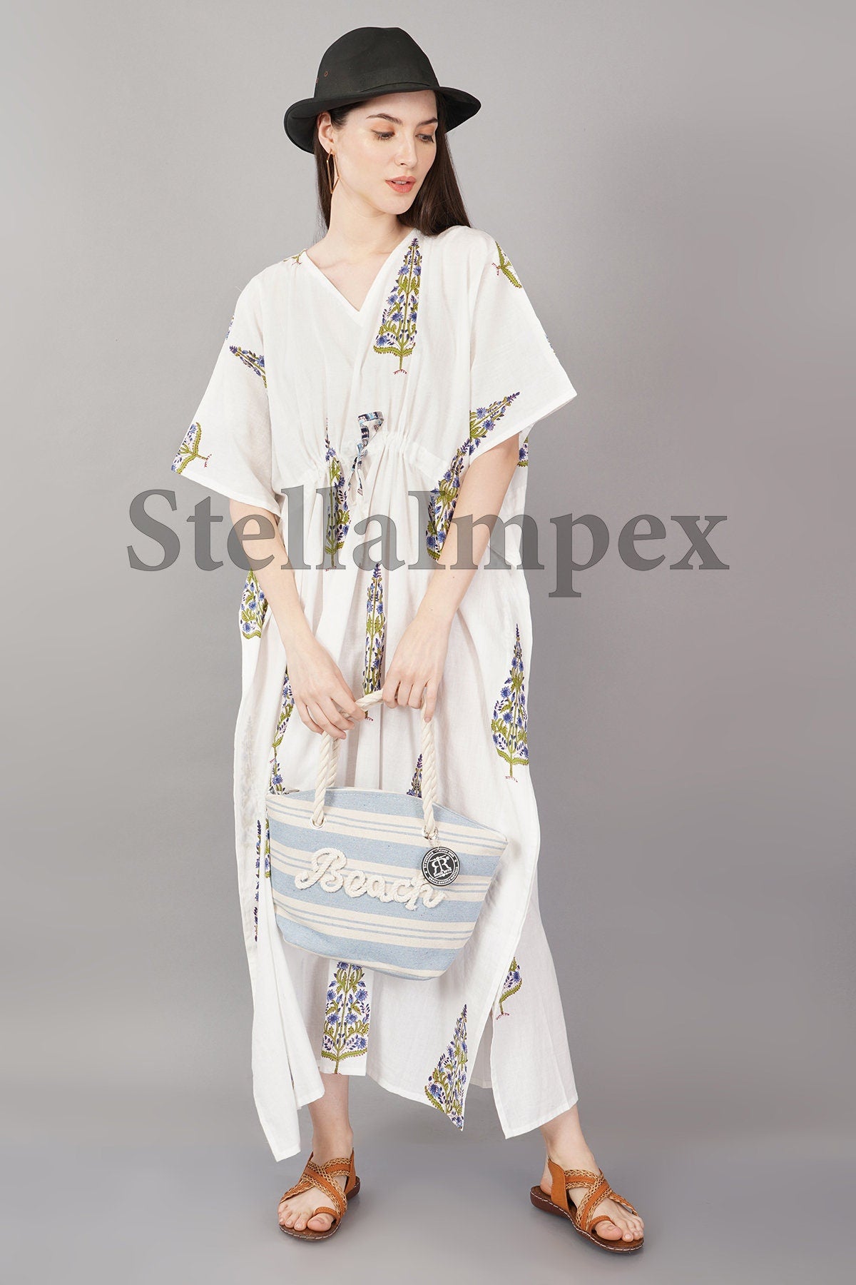 Trendy Hand block Printed Cotton Kaftan Elegant White Long Caftan Resort Wear Beach Dress Boho Kaftan, Gift for Her