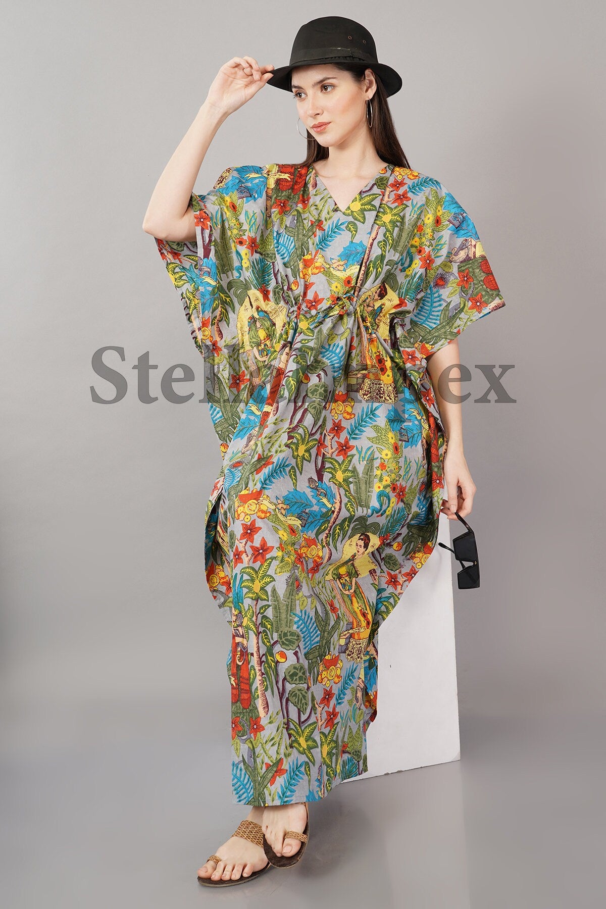 Trendy Cotton Kaftan Elegant Multi-Color Frida Kahlo Print Long Caftan Resort Wear Beach Dress Boho Kaftan, Gift for Her