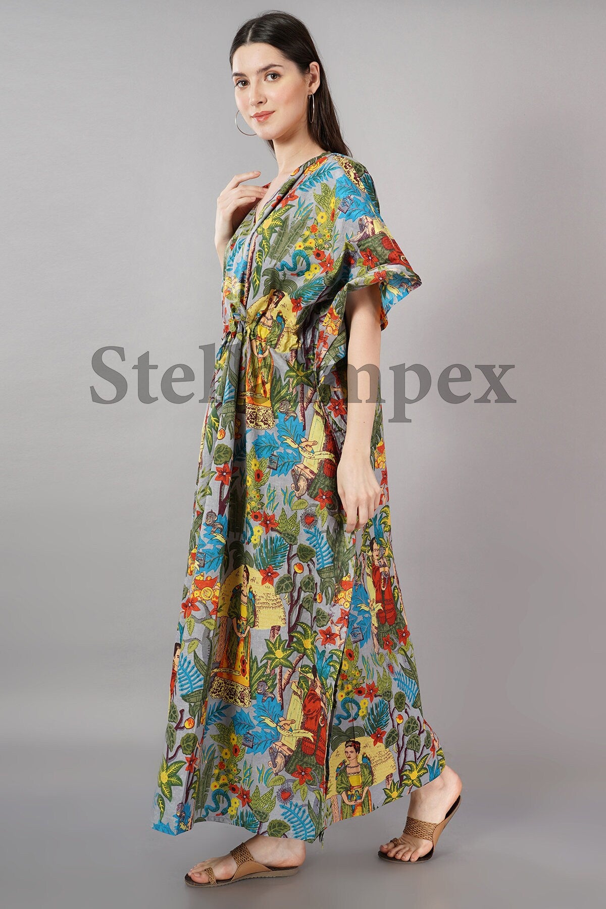 Trendy Cotton Kaftan Elegant Multi-Color Frida Kahlo Print Long Caftan Resort Wear Beach Dress Boho Kaftan, Gift for Her