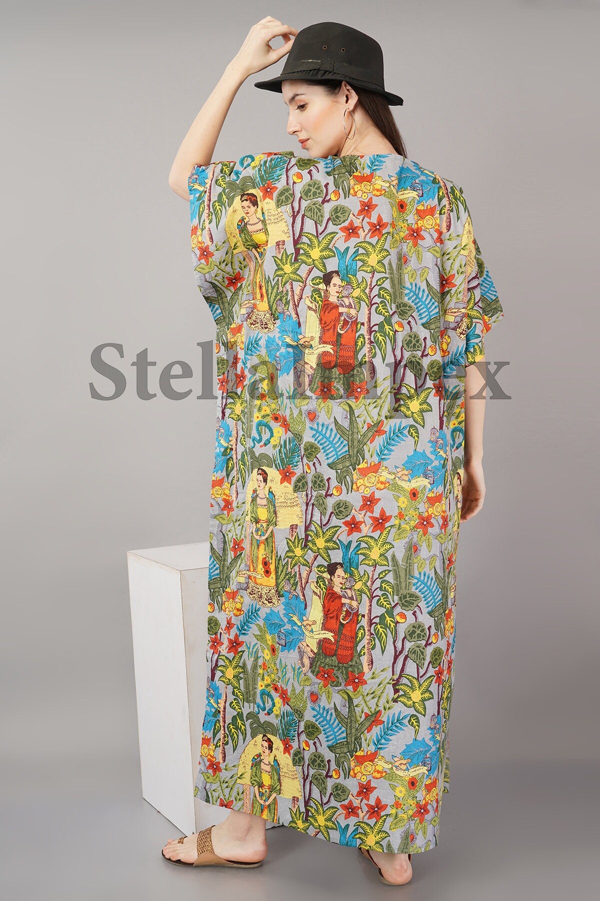 Trendy Cotton Kaftan Elegant Multi-Color Frida Kahlo Print Long Caftan Resort Wear Beach Dress Boho Kaftan, Gift for Her