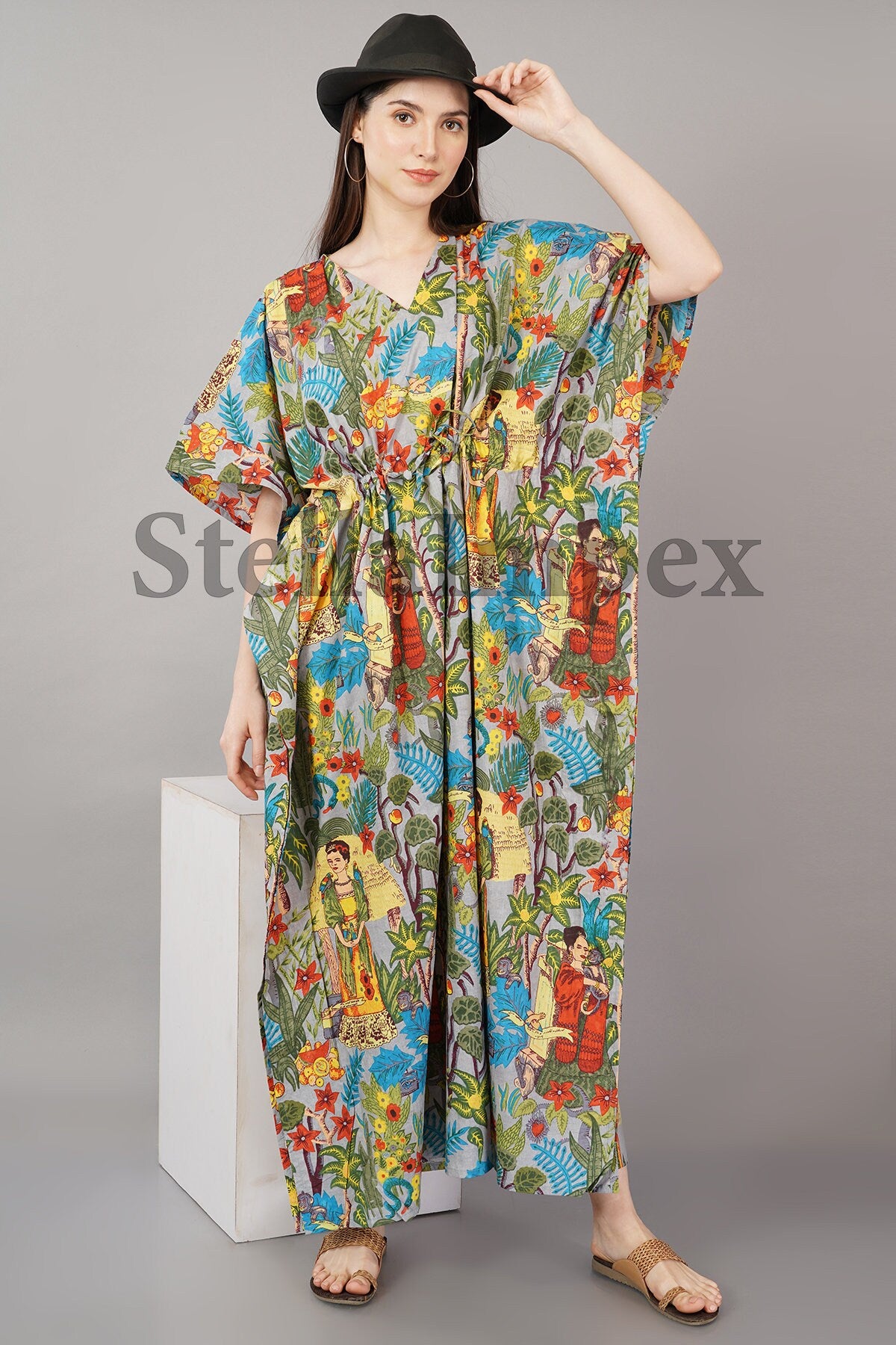 Trendy Cotton Kaftan Elegant Multi-Color Frida Kahlo Print Long Caftan Resort Wear Beach Dress Boho Kaftan, Gift for Her