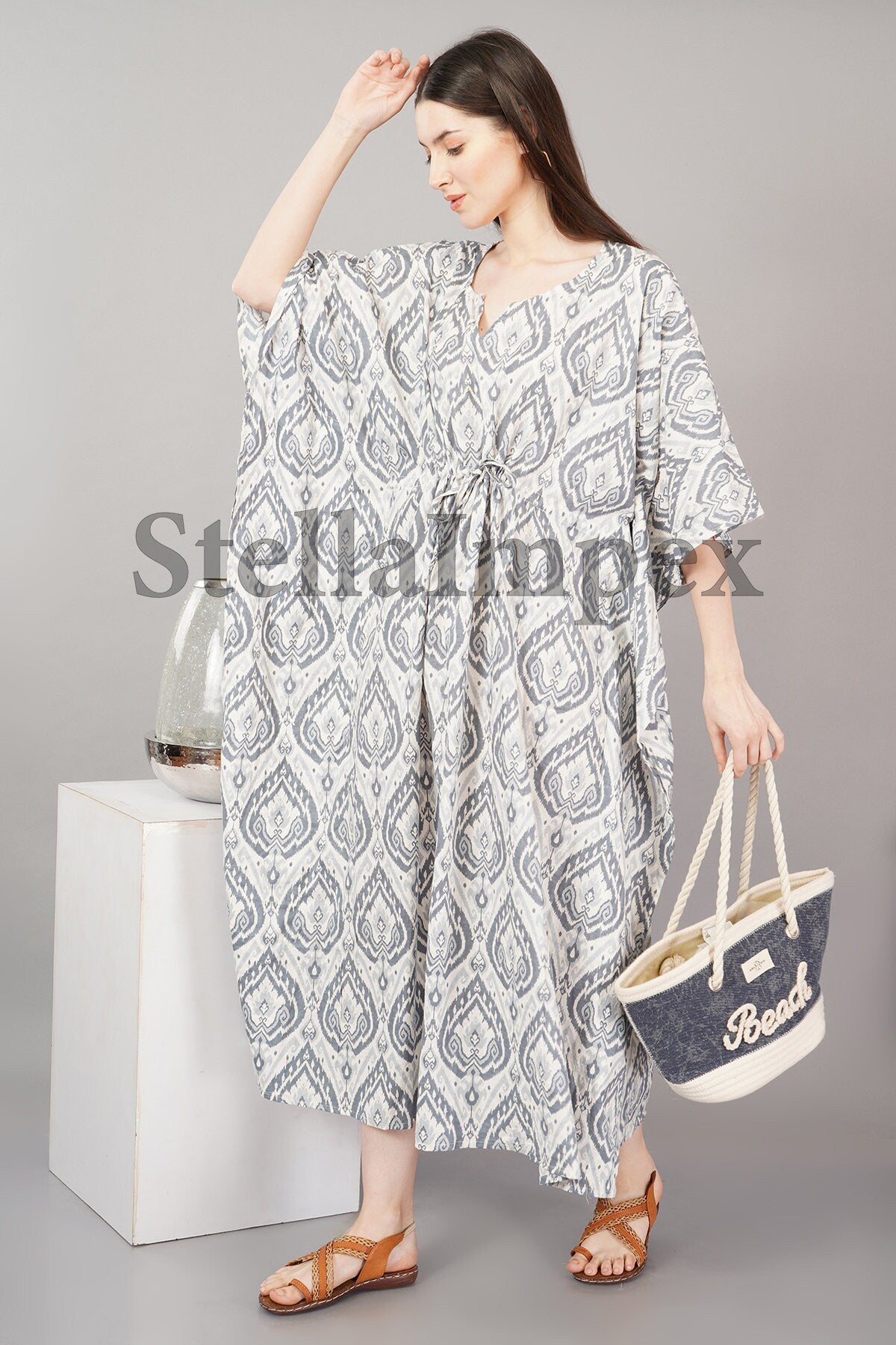 Indian Handmade Beautifull Cotton Kaftan Elegant White & Grey Long Caftan Resort Wear Beach Dress Boho Kaftan, Gift for Her