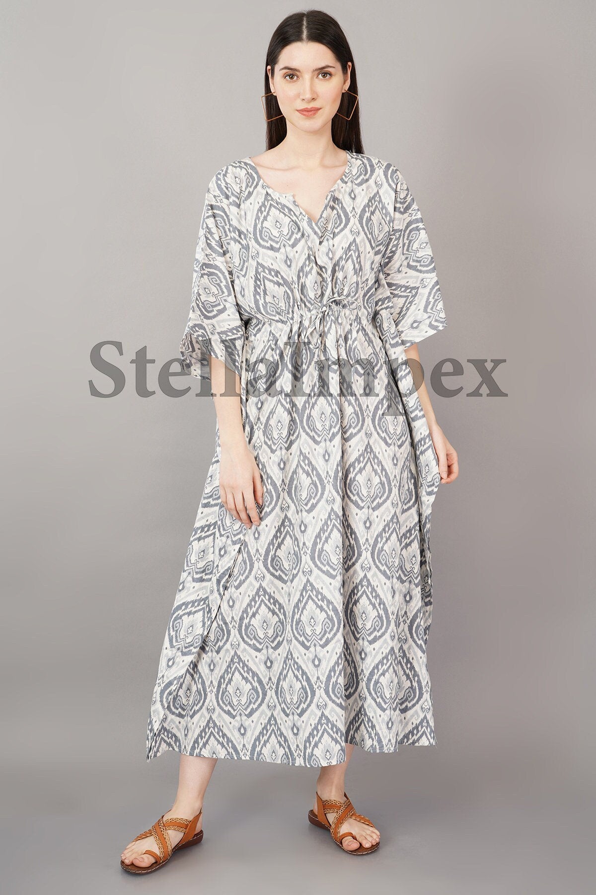 Indian Handmade Beautifull Cotton Kaftan Elegant White & Grey Long Caftan Resort Wear Beach Dress Boho Kaftan, Gift for Her