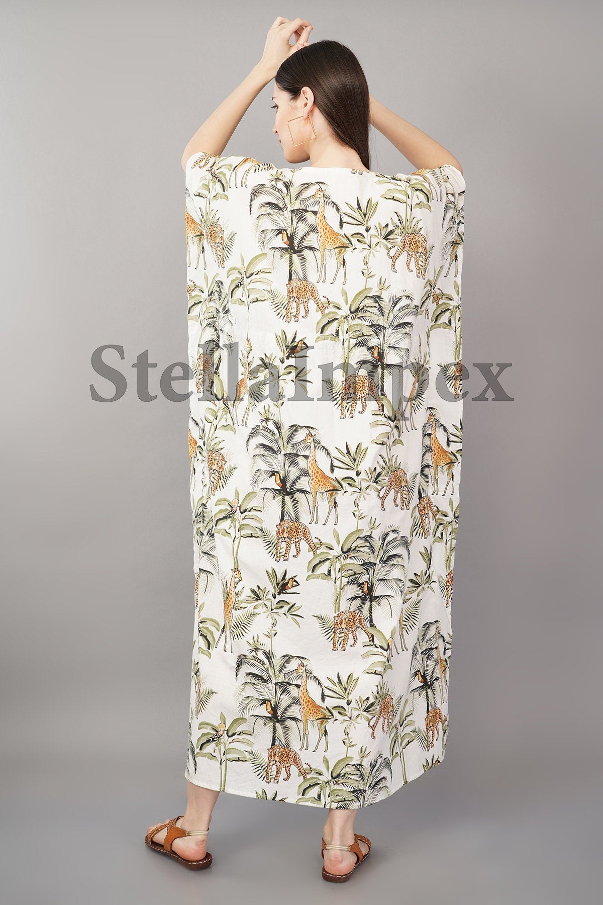 Trendy Handmade Cotton Kaftan Elegant White Leopard Print Long Caftan Resort Wear Beach Dress Boho Kaftan, Gift for Her