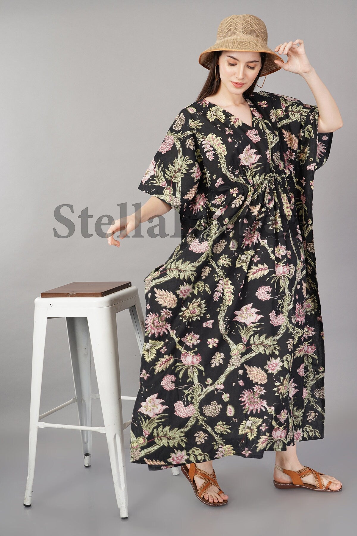 Trendy Handmade Cotton Kaftan Elegant Black & Pink Floral Long Caftan Resort Wear Beach Dress Boho Kaftan, Gift for Her