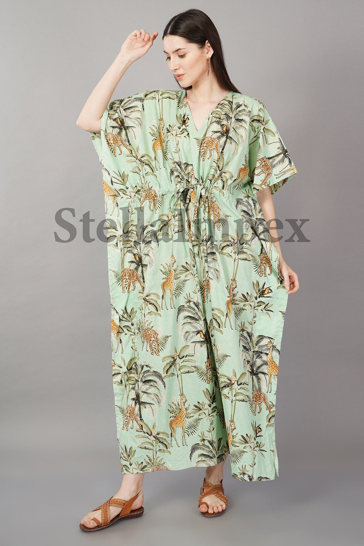 Trendy Handmade Cotton Kaftan Elegant Green Long Caftan Resort Wear Beach Dress Boho Kaftan, Gift for Her