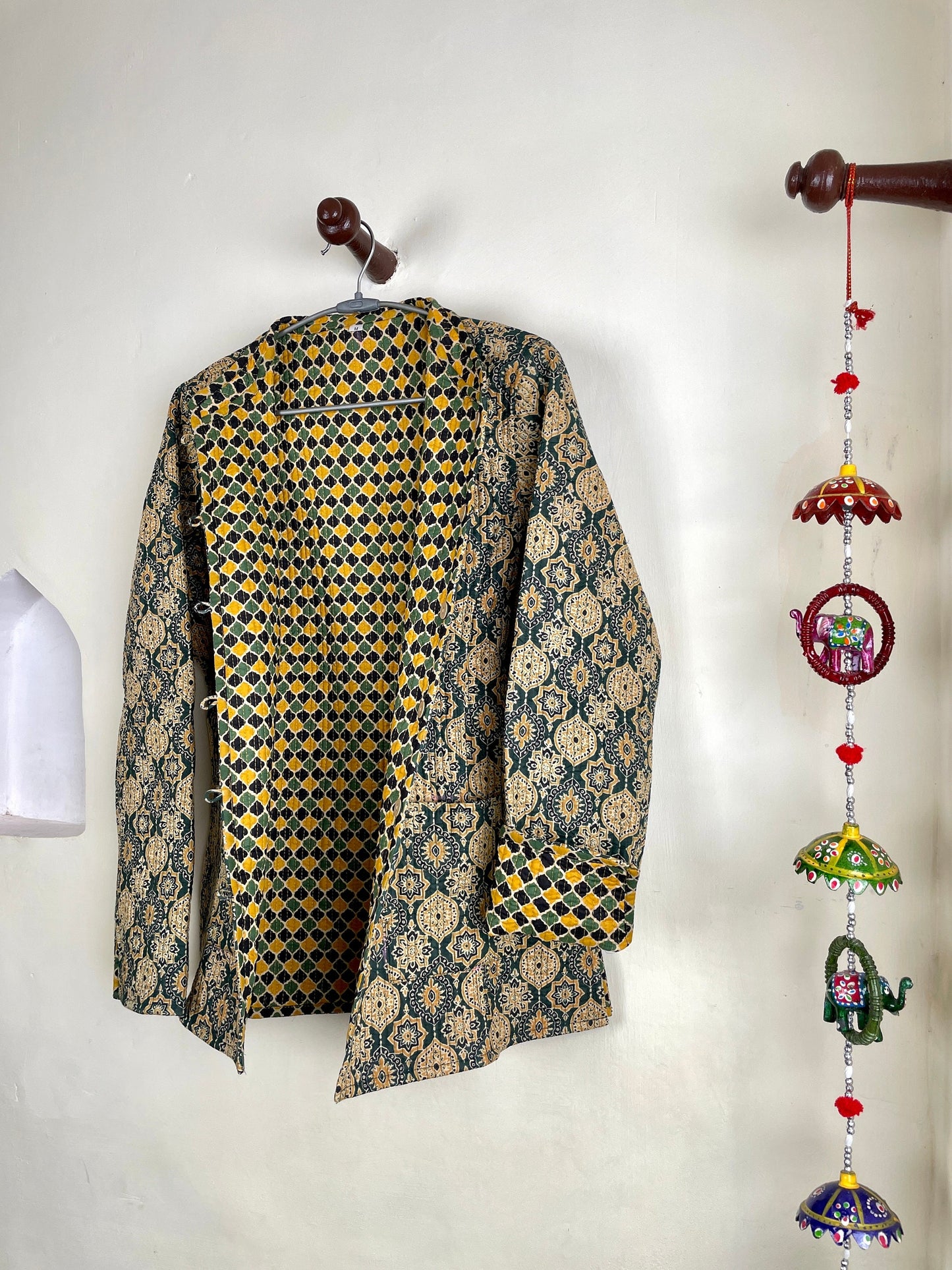 Indian Handmade Quilted Cotton Fabric Jacket Stylish Green & Yellow Women's Coat, Reversible Waistcoat for Her