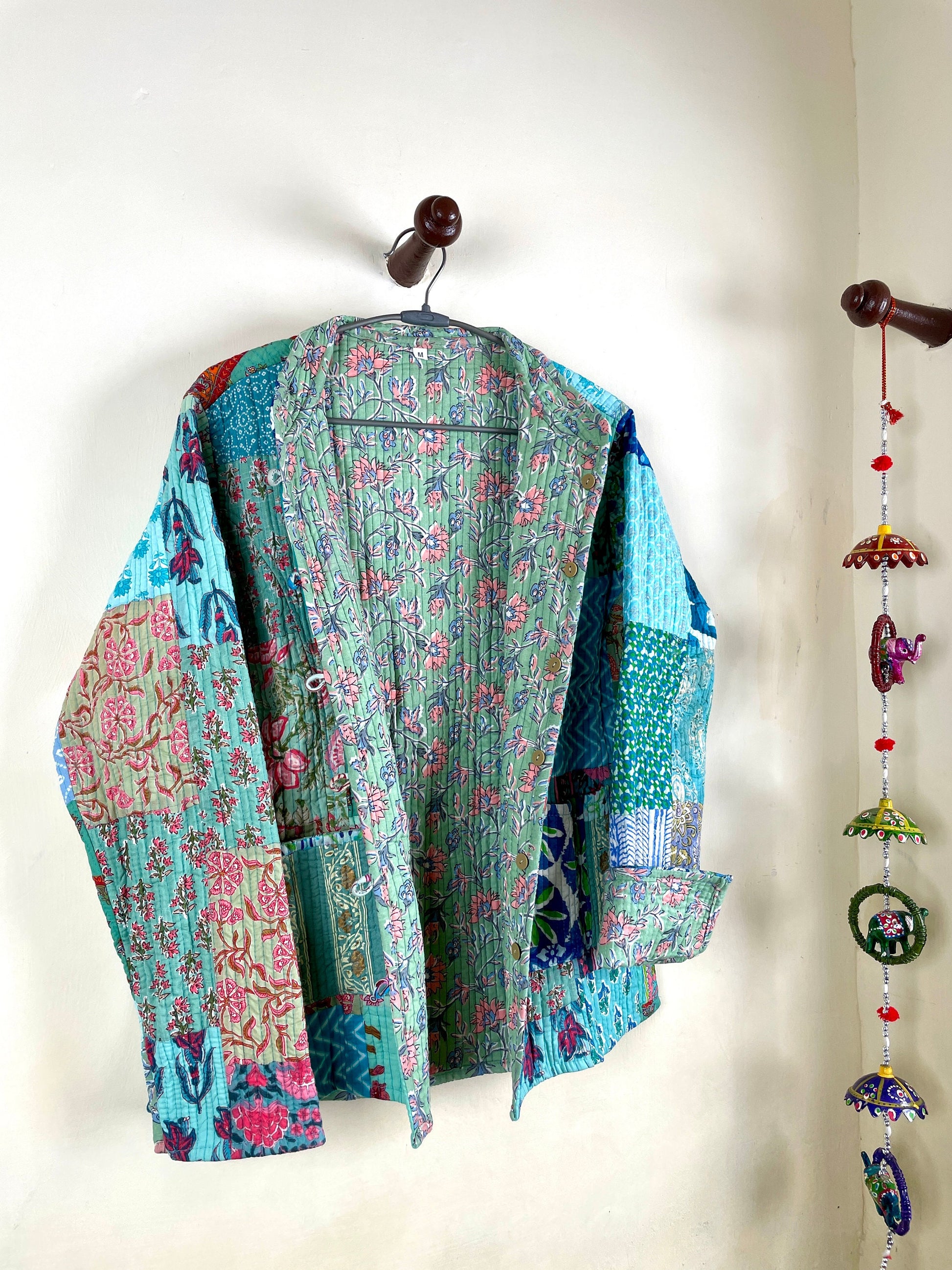 Indian Handmade Quilted Cotton Fabric Jacket Stylish Turquoise Patchwork Women's Coat, Reversible Waistcoat for Her