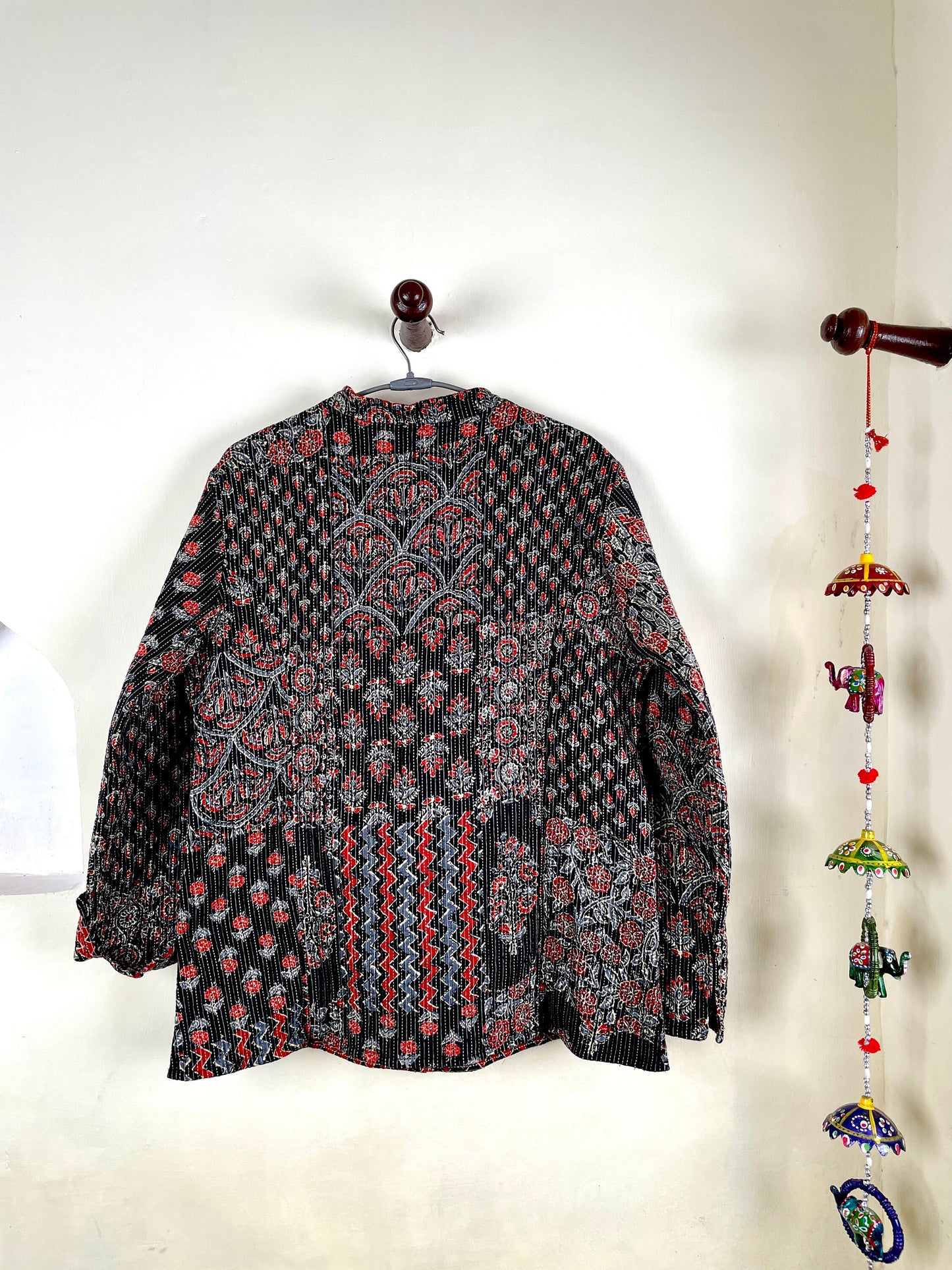 Indian Handmade Quilted Kantha Cotton Fabric Jacket Stylish Black & Red Floral Women's Coat, Reversible Waistcoat for Her