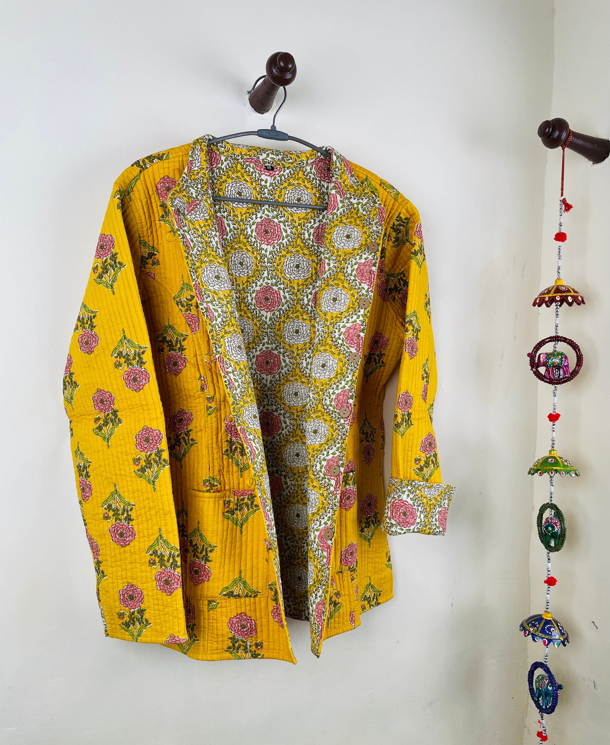 Indian Handmade Quilted Fabric Jacket Stylish Yellow Floral Women's Coat, Reversible Jacket for Her
