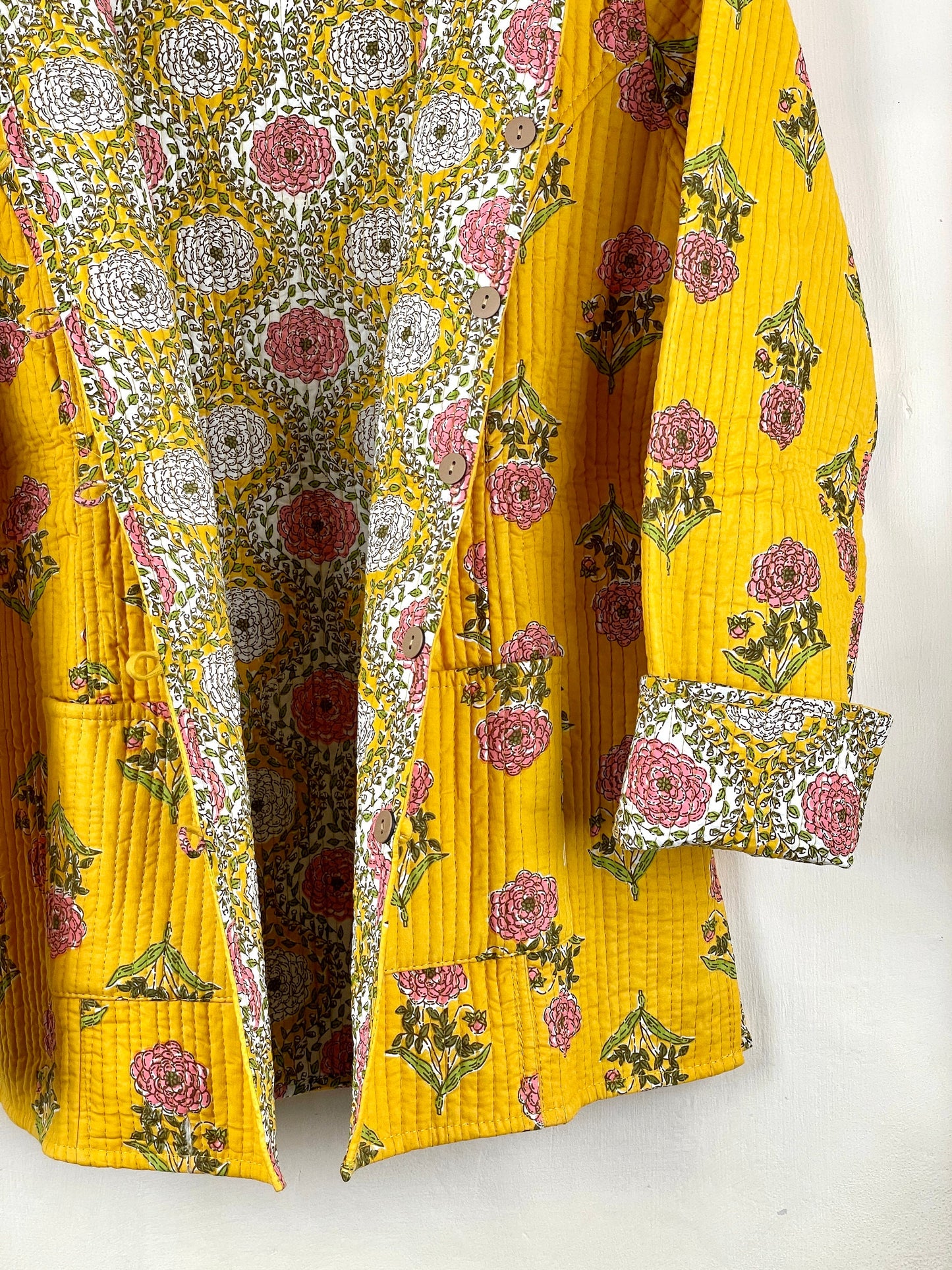 Indian Handmade Quilted Fabric Jacket Stylish Yellow Floral Women's Coat, Reversible Jacket for Her