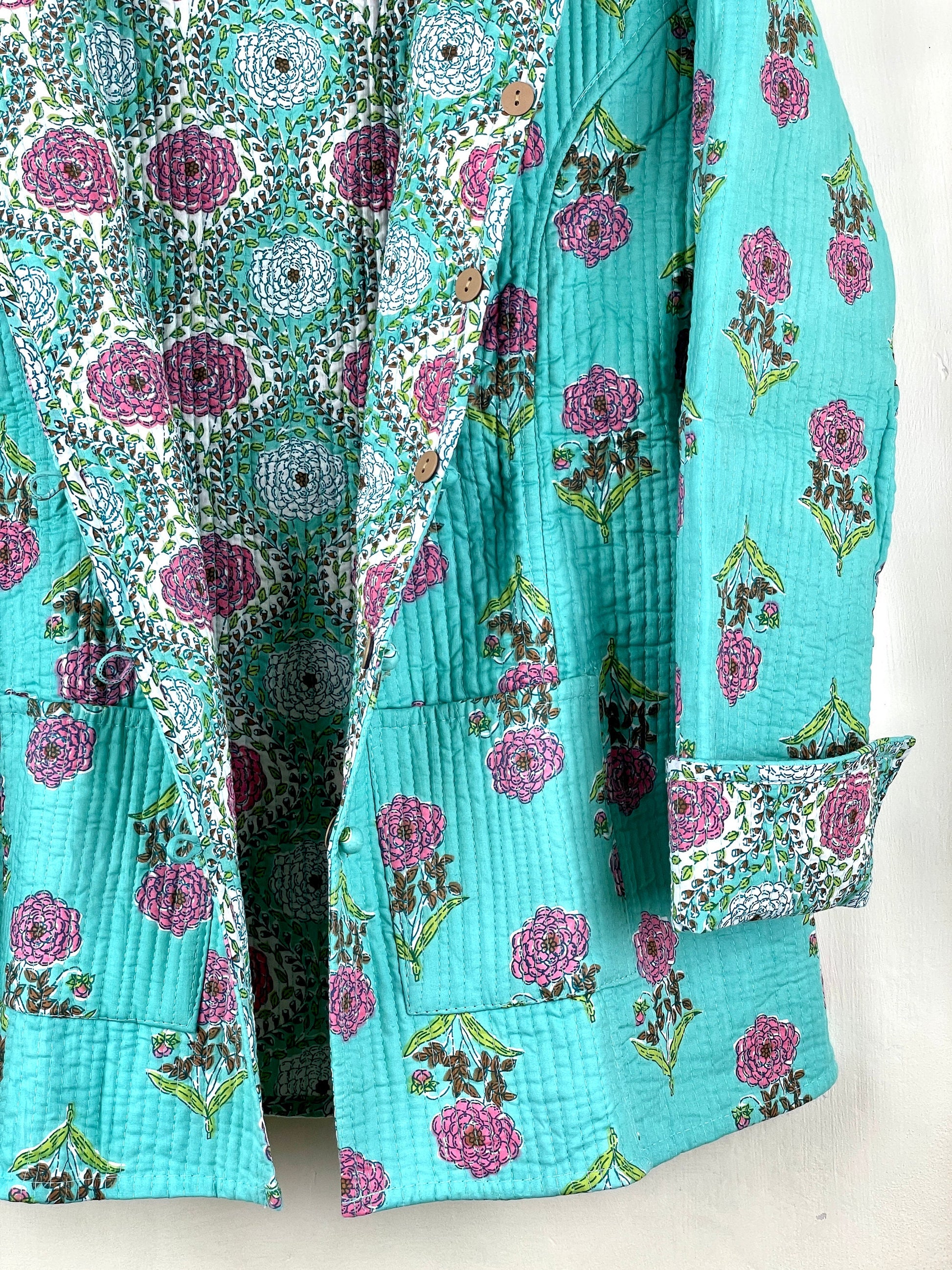 Indian Handmade Quilted Fabric Jacket Stylish Blue & Pink Floral Women's Coat, Reversible Jacket for Her