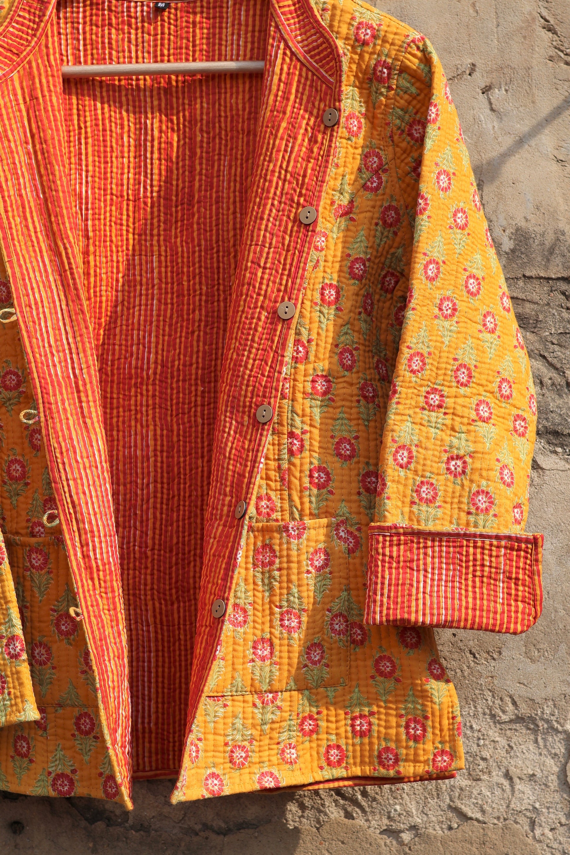 Indian Handmade Quilted Kantha Cotton Fabric Jacket Stylish Yellow Floral Women's Coat, Reversible Waistcoat for Her