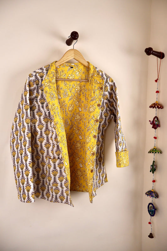 Indian Handmade Quilted Cotton Fabric Kantha Jacket Stylish White & Yellow Floral Bohemian Women's Coat, Reversible Waistcoat for Her