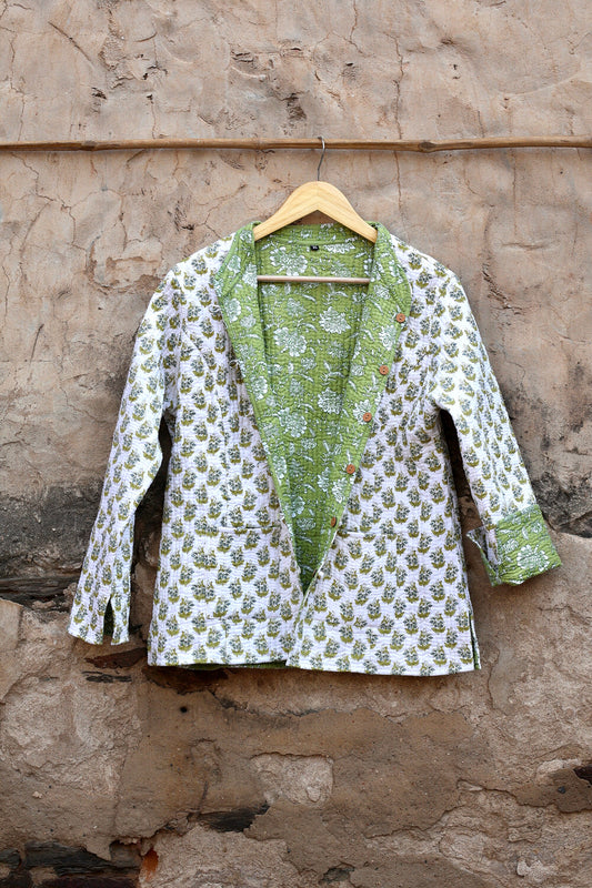 Indian Handmade Quilted Cotton Fabric Kantha Jacket Stylish White & Green Floral Bohemian Women's Coat, Reversible Waistcoat for Her