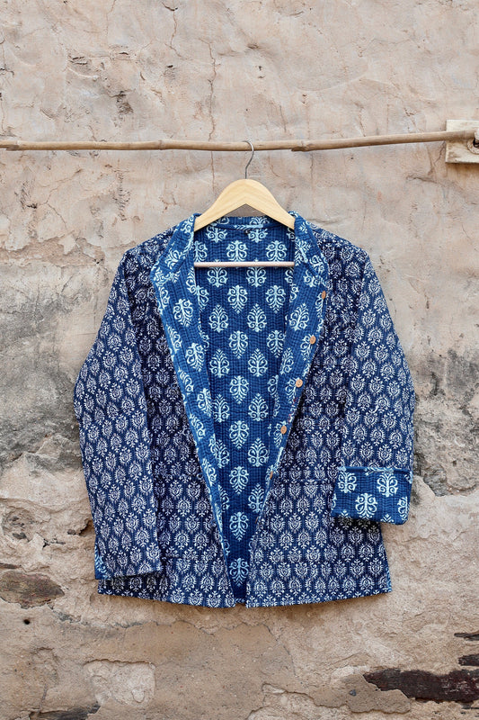 Indian Handmade Quilted Cotton Fabric Kantha Jacket Stylish Blue & White Floral Bohemian Women's Coat, Reversible Waistcoat for Her