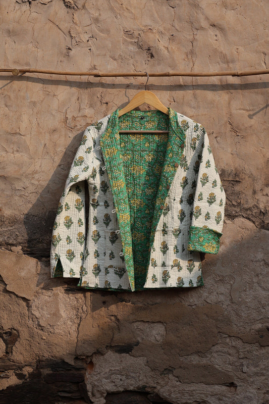 Indian Handmade Quilted Cotton Fabric Jacket Stylish White & Green Floral Women's Coat, Reversible Waistcoat for Her