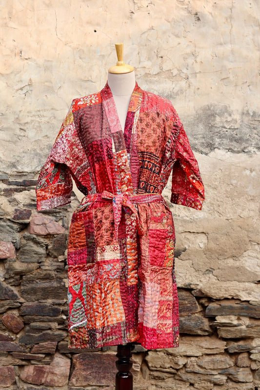 Vintage Handmade Silk Patchwork Kantha Kimono Robe | Indian Silk Kantha Jacket Kimono Robe | Bridesmaid Robe | Kantha Kimono