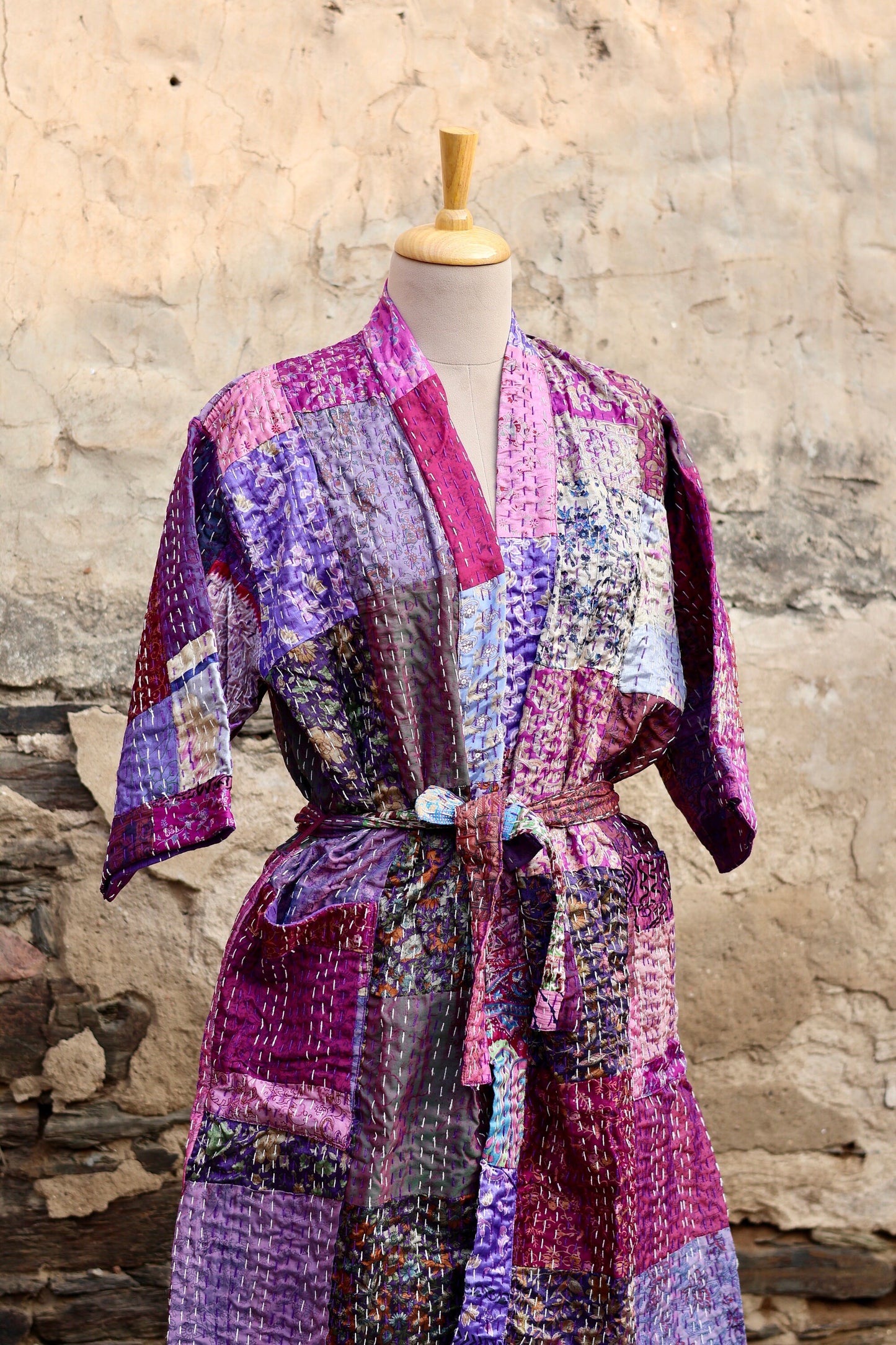 Vintage Handmade Silk Patchwork Kantha Kimono Robe | Indian Silk Kantha Jacket Kimono Robe | Bridesmaid Robe | Kantha Kimono