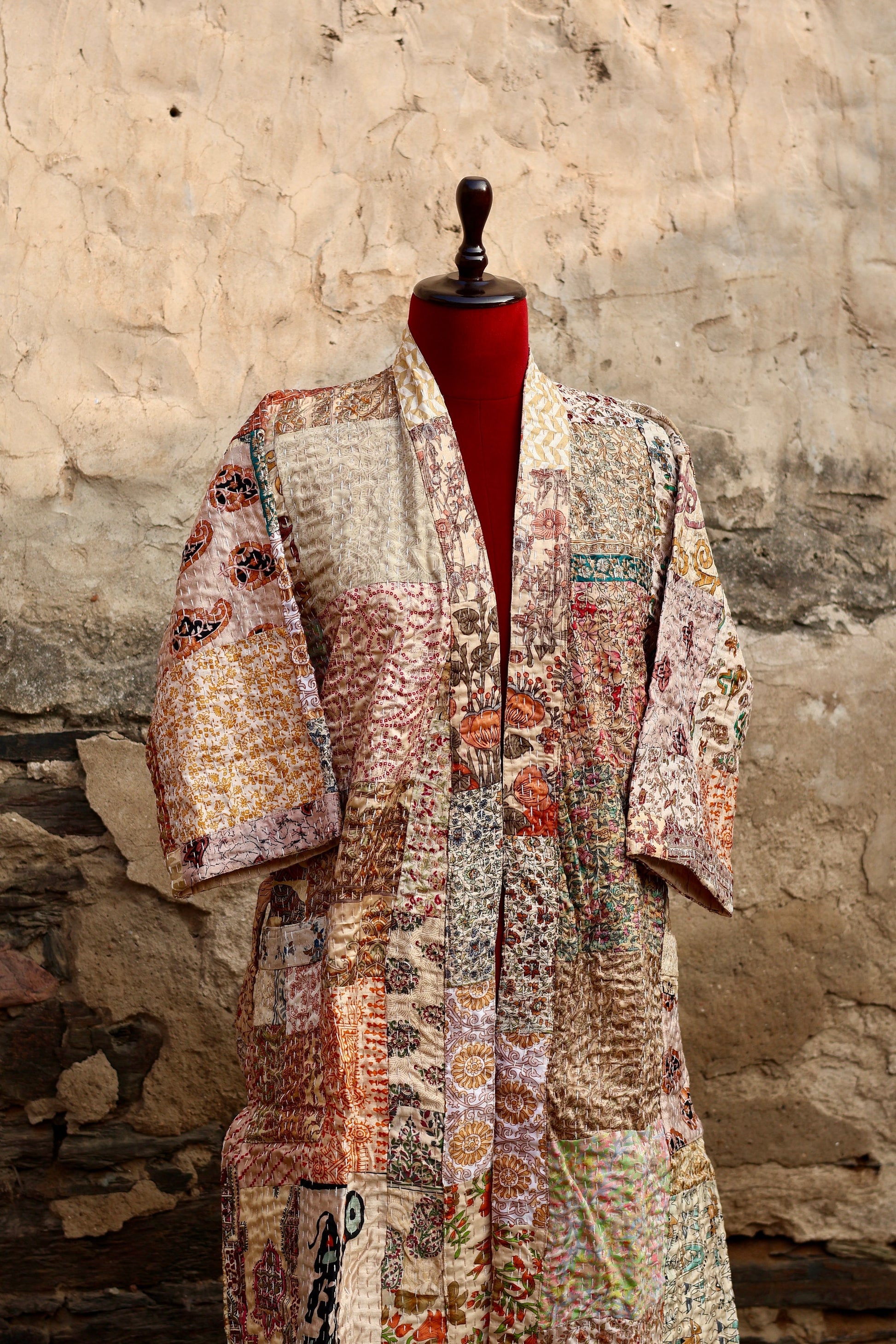 Vintage Handmade Silk Patchwork Kantha Kimono Robe | Beige Color Indian Silk Kantha Jacket Kimono Robe | Bridesmaid Robe | Kantha Kimono