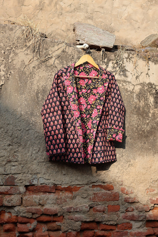 Indian Handmade Quilted Kantha Cotton Fabric Jacket Stylish Black & Pink Floral Women's Coat, Reversible Waistcoat for Her