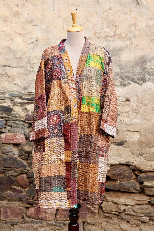 Vintage Handmade Silk Patchwork Kantha Kimono Robe | Indian Silk Kantha Jacket Kimono Robe | Bridesmaid Robe | Kantha Kimono