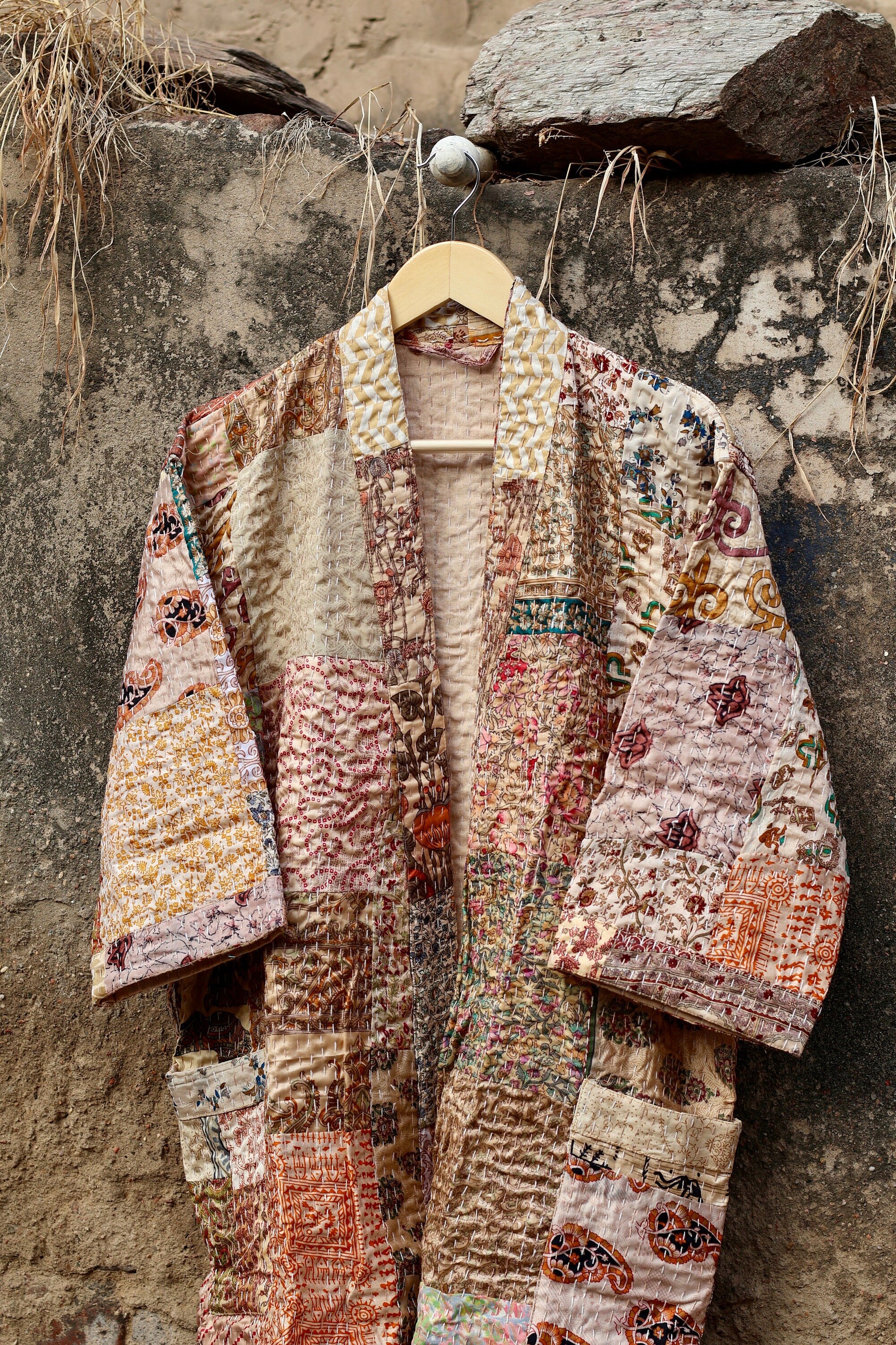 Vintage Handmade Silk Patchwork Kantha Kimono Robe | Beige Color Indian Silk Kantha Jacket Kimono Robe | Bridesmaid Robe | Kantha Kimono