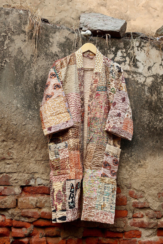 Vintage Handmade Silk Patchwork Kantha Kimono Robe | Beige Color Indian Silk Kantha Jacket Kimono Robe | Bridesmaid Robe | Kantha Kimono