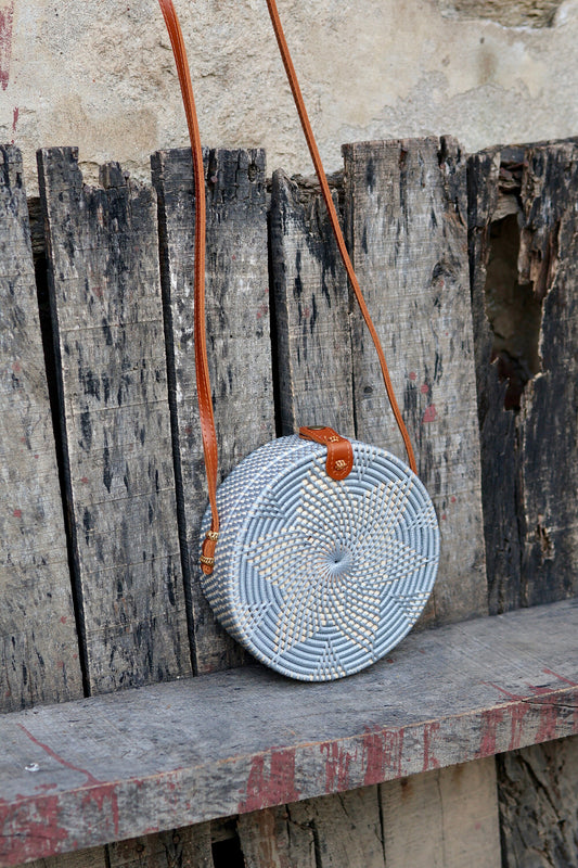 Round Rattan Bag with Flower Weaving, Bali Bag Handwoven Crossbody Purse, Braided Straw Bag, Bali Sling Bags, Rattan Bags, Gift for her