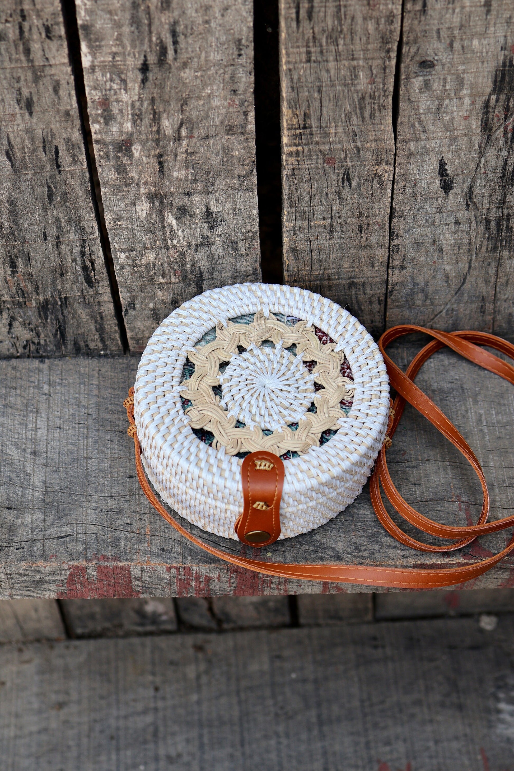 White Round Rattan Bag with Braid Pattern, Bali Bags, Handwoven Crossbody Purse, Braided Straw Bag, Bali Sling Bags Rattan Bags Gift for her