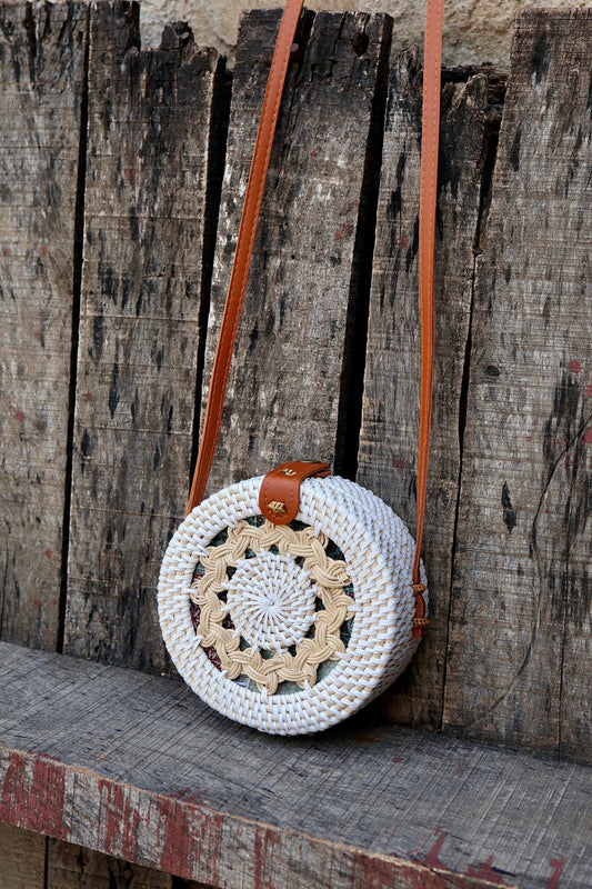 White Round Rattan Bag with Braid Pattern, Bali Bags, Handwoven Crossbody Purse, Braided Straw Bag, Bali Sling Bags Rattan Bags Gift for her