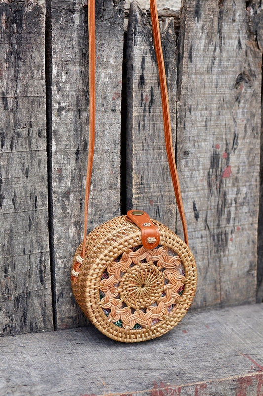 Round Rattan Bag with Braid Pattern, Bali Bags, Handwoven Crossbody Purse, Braided Straw Bag, Bali Sling Bags Rattan Bags Gift for her