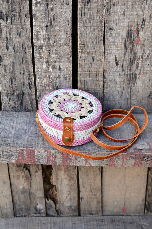 Pink Round Rattan Bag with Braid Pattern, Bali Bags, Handwoven Crossbody Purse, Braided Straw Bag, Bali Sling Bags Rattan Bags Gift for her