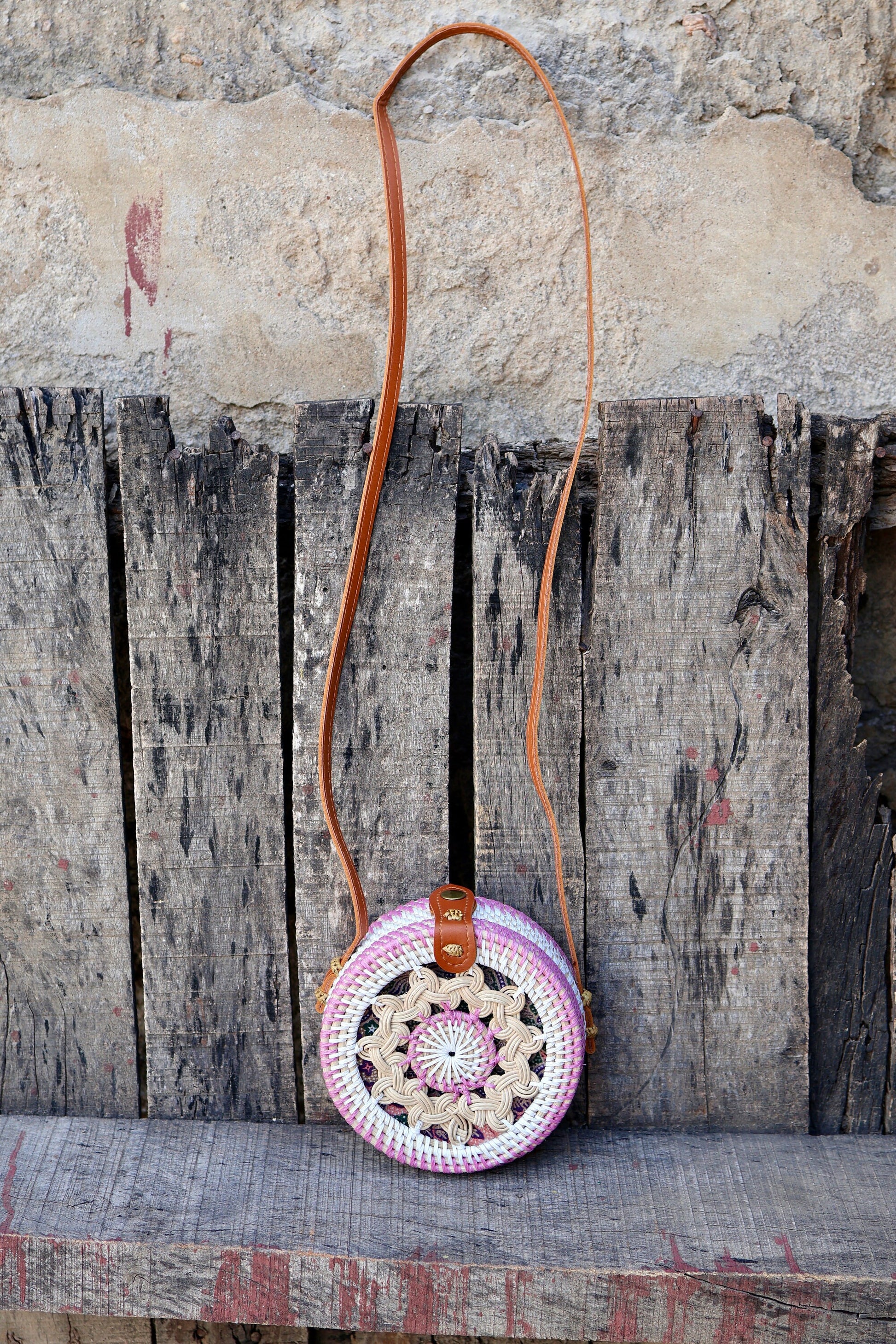 Pink Round Rattan Bag with Braid Pattern, Bali Bags, Handwoven Crossbody Purse, Braided Straw Bag, Bali Sling Bags Rattan Bags Gift for her