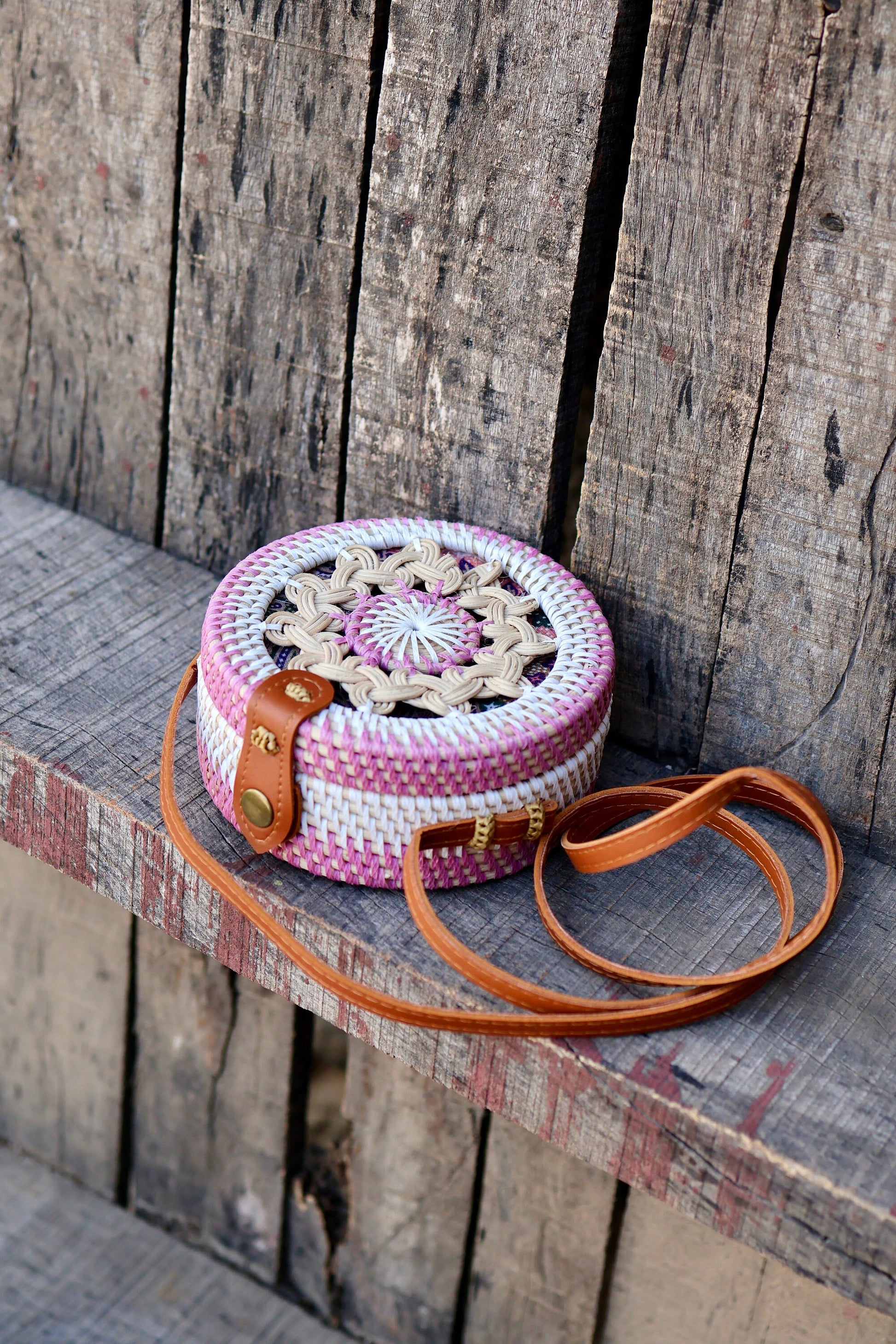 Pink Round Rattan Bag with Braid Pattern, Bali Bags, Handwoven Crossbody Purse, Braided Straw Bag, Bali Sling Bags Rattan Bags Gift for her