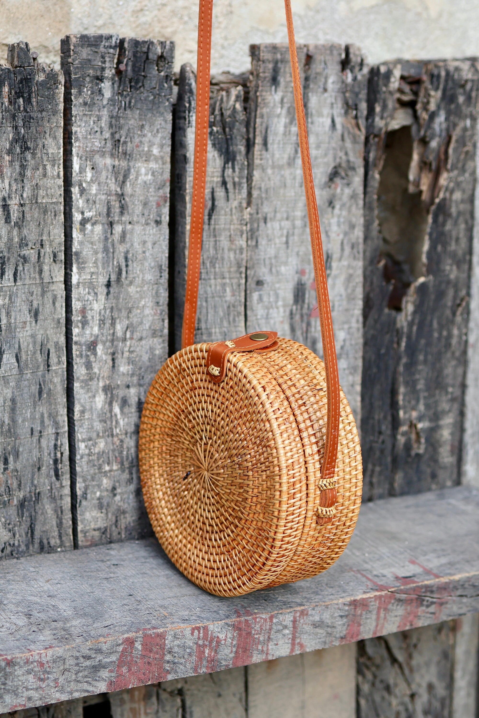 Round Rattan Bag with Flower Weaving Bali Bag Handwoven Crossbody Pur Stella Impex