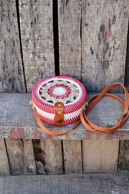 Round Rattan Bag with Braid Pattern, Bali Bags, Handwoven Crossbody Purse, Braided Straw Bag, Bali Sling Bags Rattan Bags Gift for her