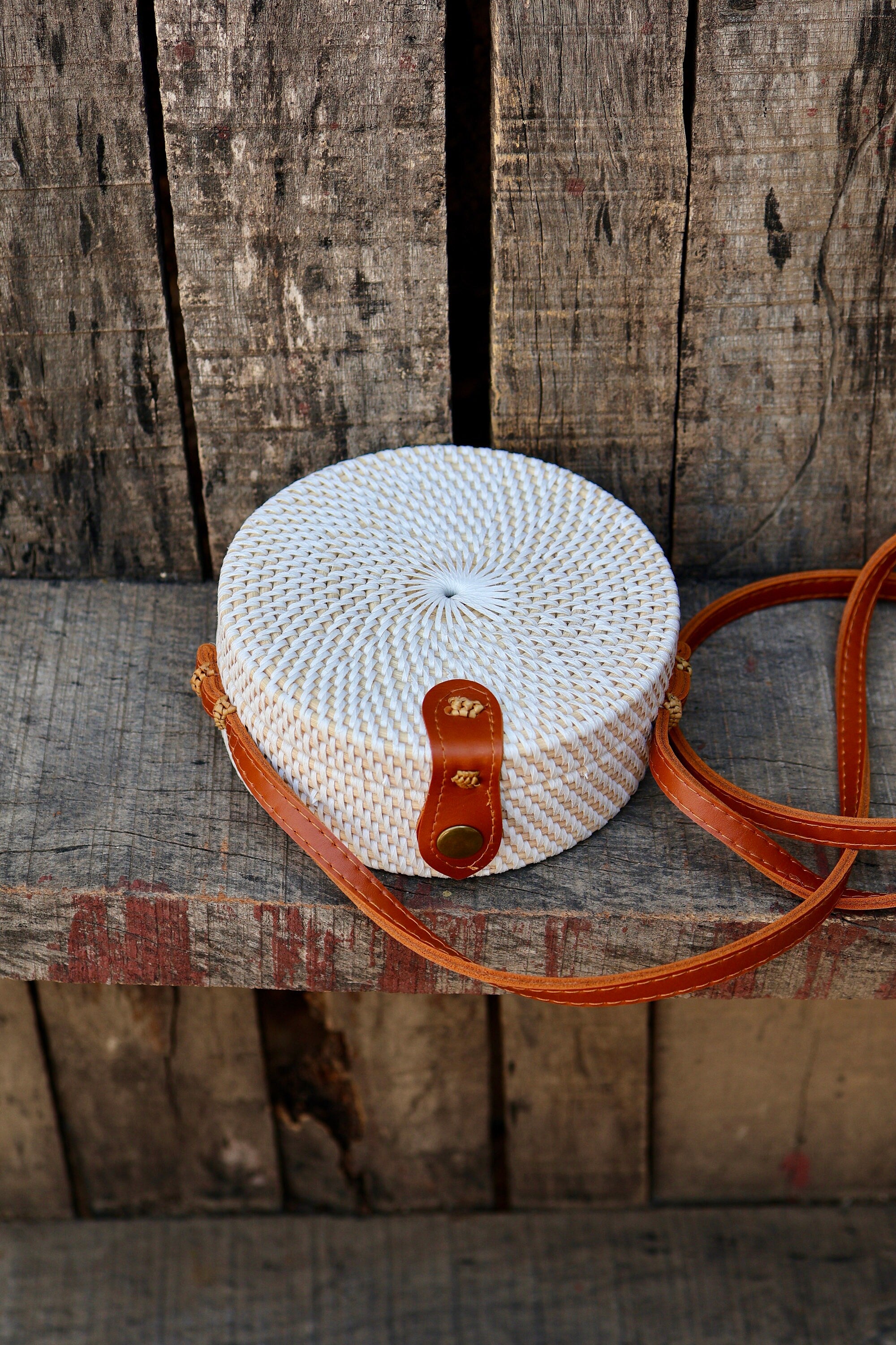 Classic Round White Rattan Bag Bali Bags Handwoven Crossbody Purse Braided Straw Bag Bali Sling Bags Rattan Bags Gift for her