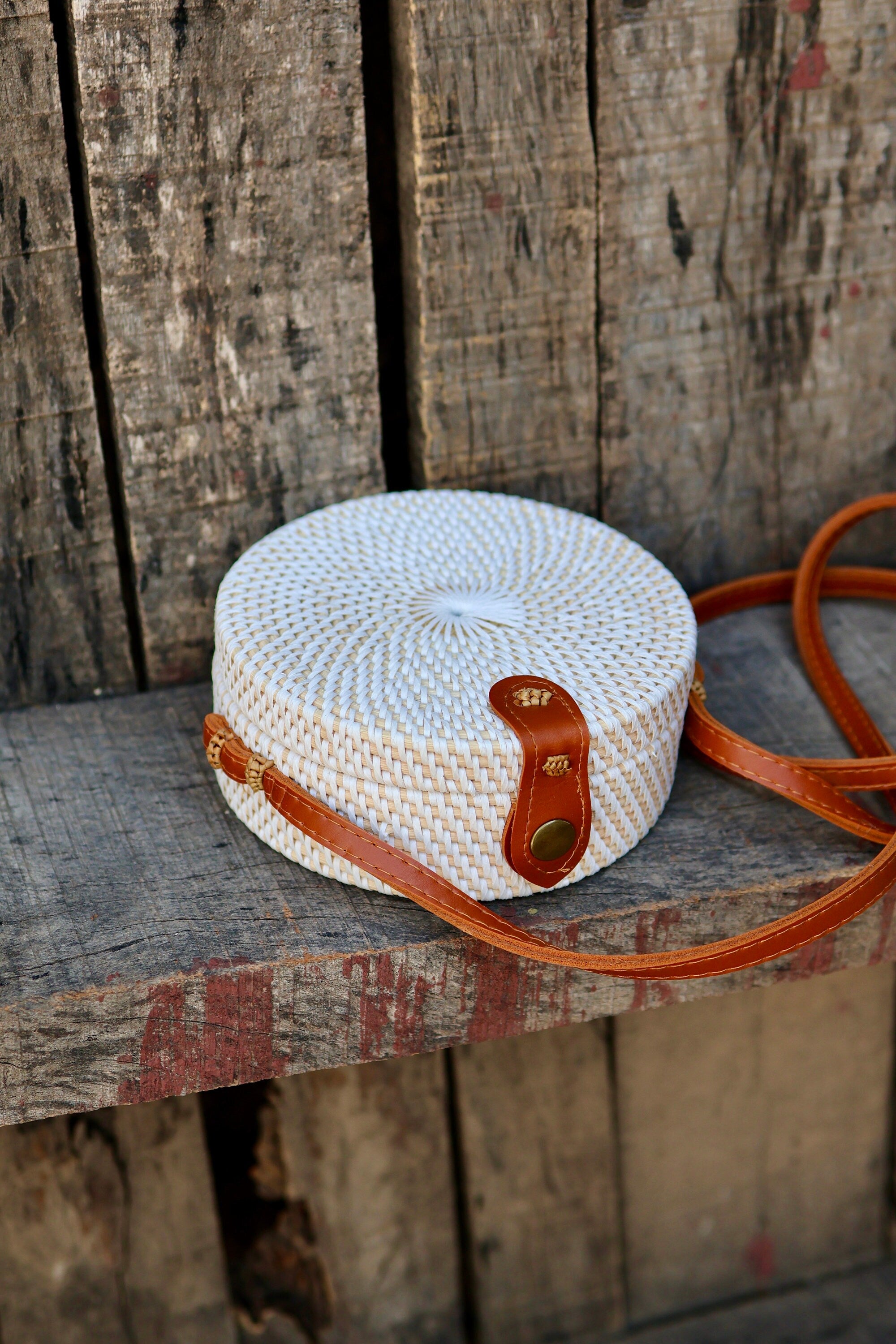 Classic Round White Rattan Bag Bali Bags Handwoven Crossbody Purse Braided Straw Bag Bali Sling Bags Rattan Bags Gift for her